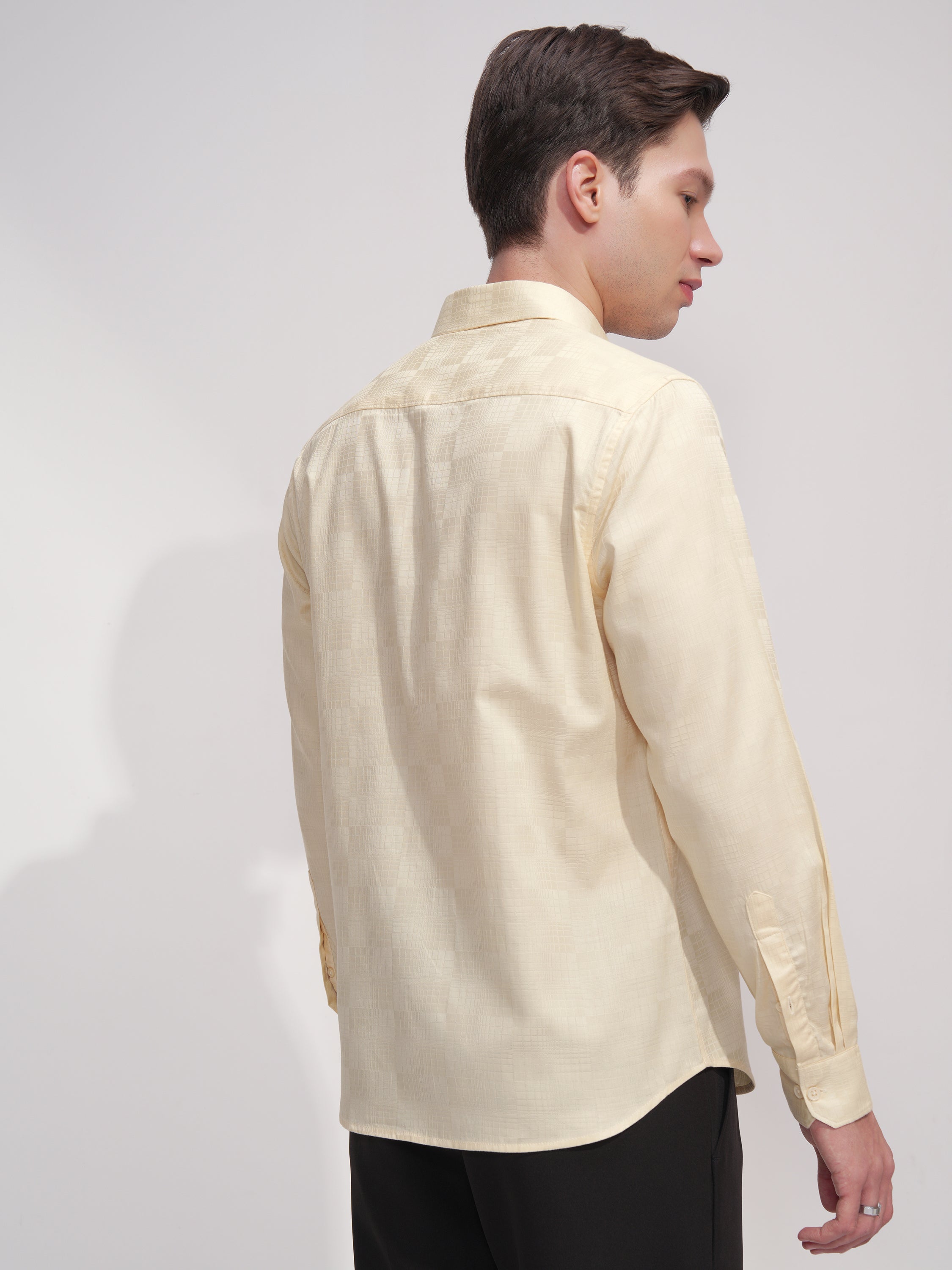 Highlander Men Cream Self Design Slim Fit Casual Shirt - Cream - Image 3
