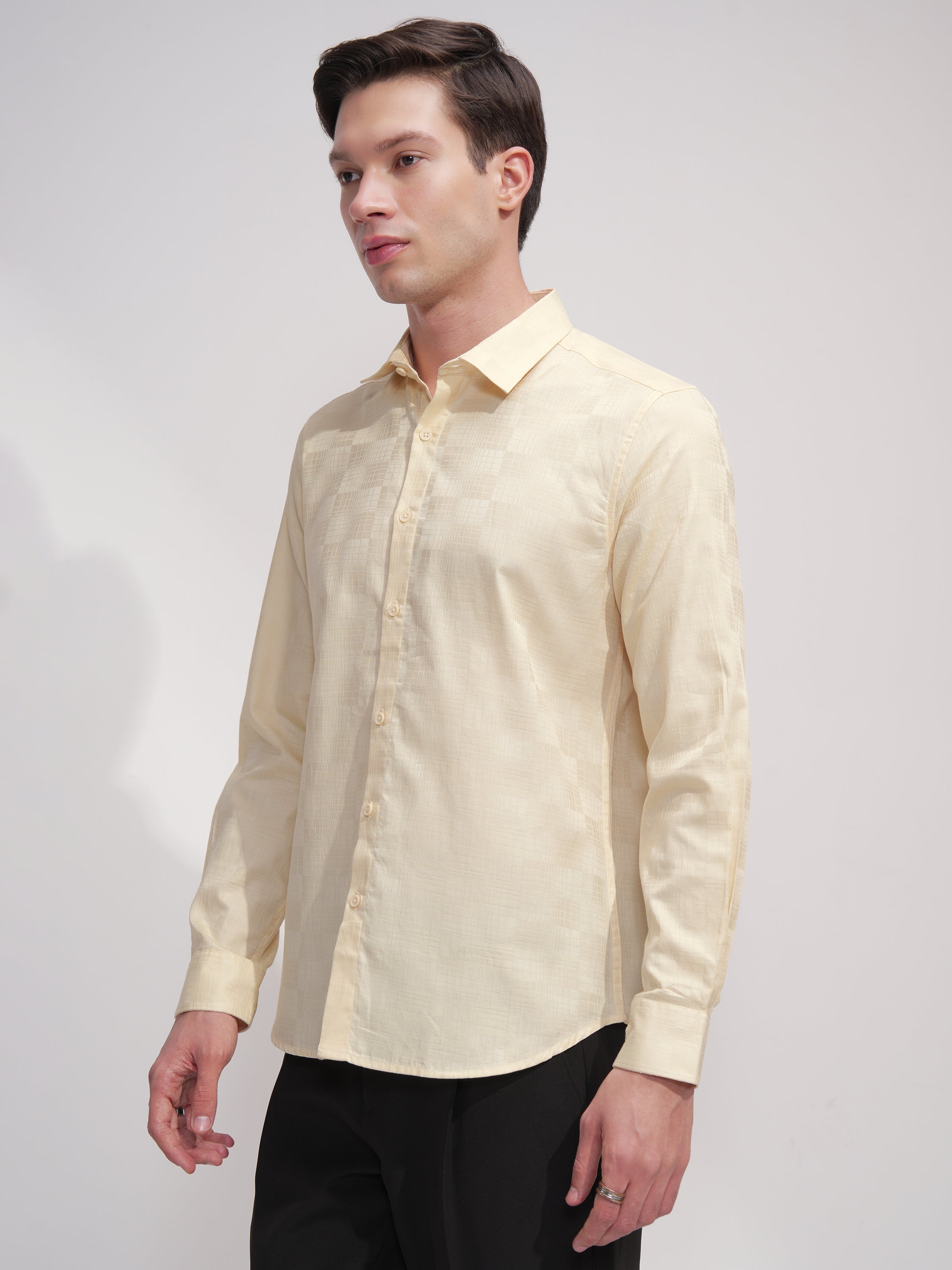 Highlander Men Cream Self Design Slim Fit Casual Shirt - Cream - Image 4