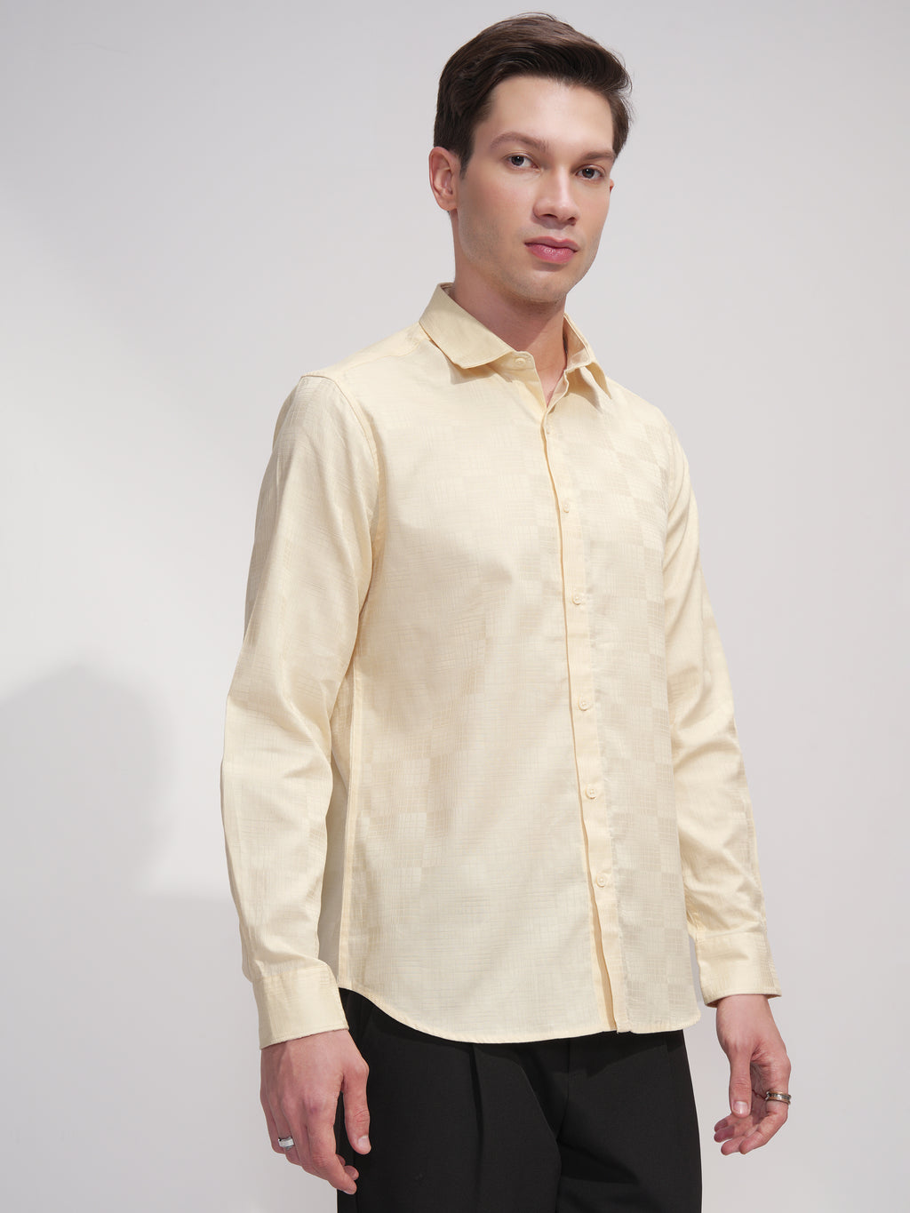 Highlander Men Cream Self Design Slim Fit Casual Shirt - Cream - Image 6