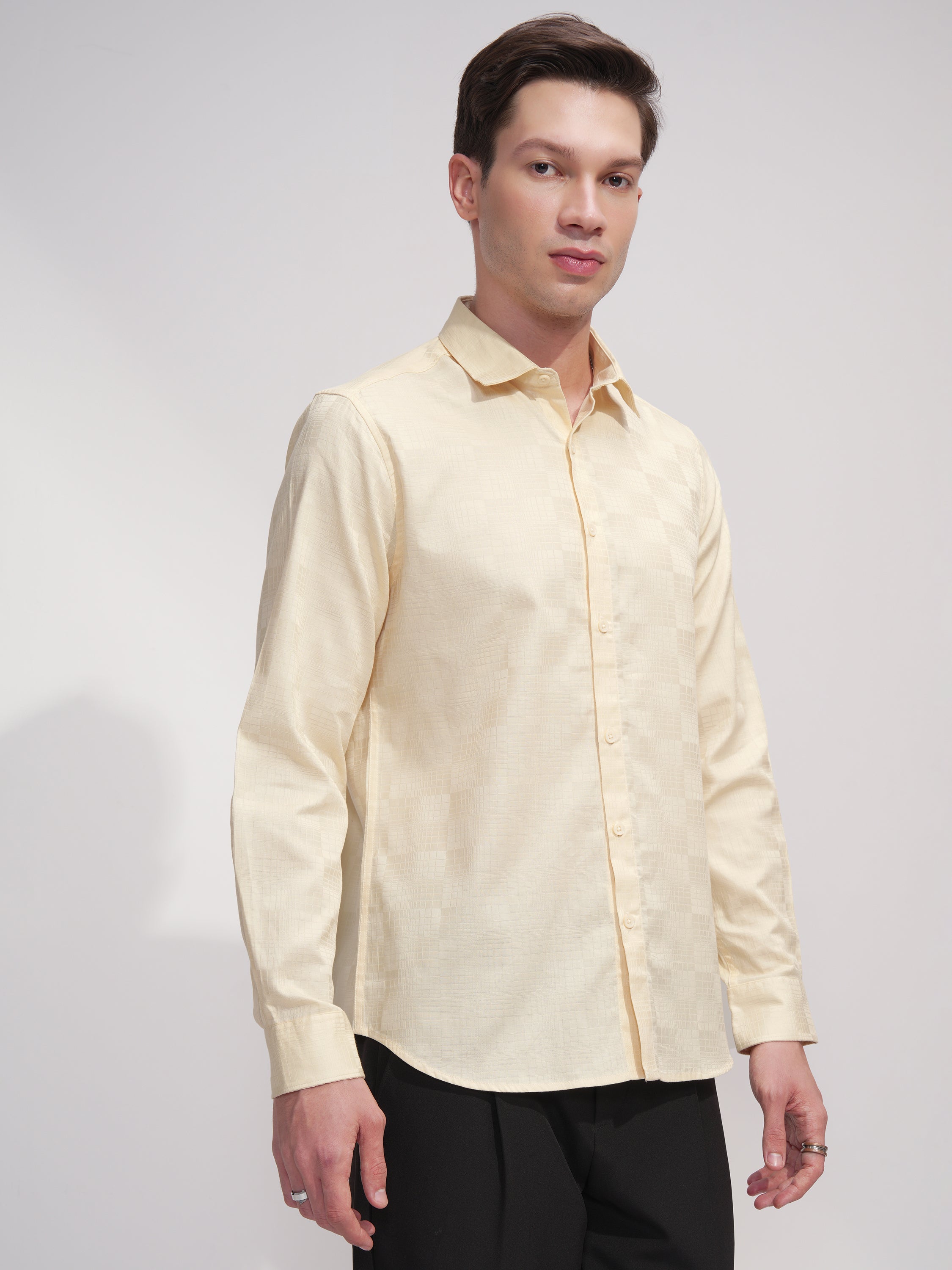 Highlander Men Cream Self Design Slim Fit Casual Shirt - Cream - Image 6