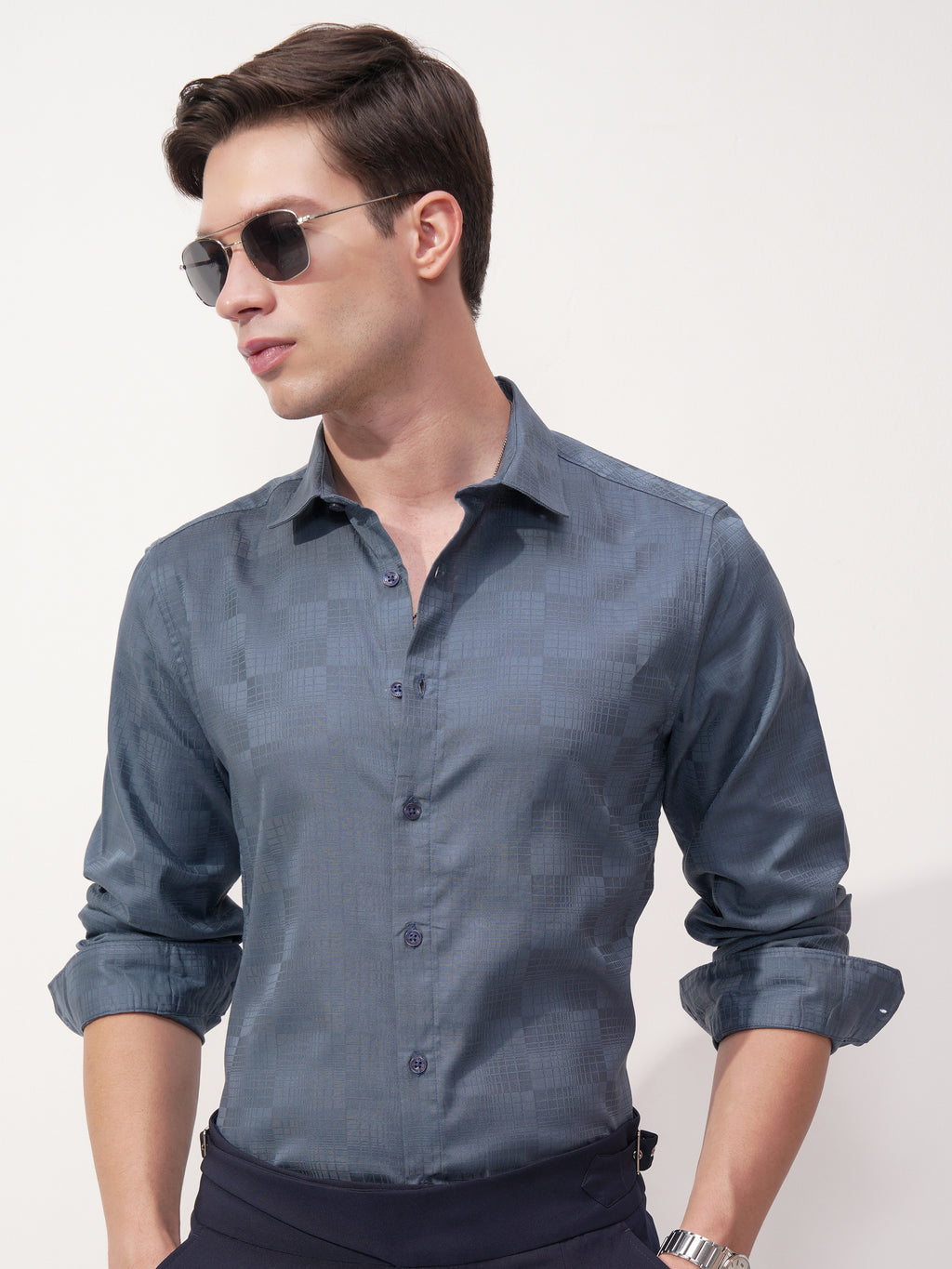 Highlander Men Blue Self Design Slim Fit Casual Shirt - Blue - Image 1