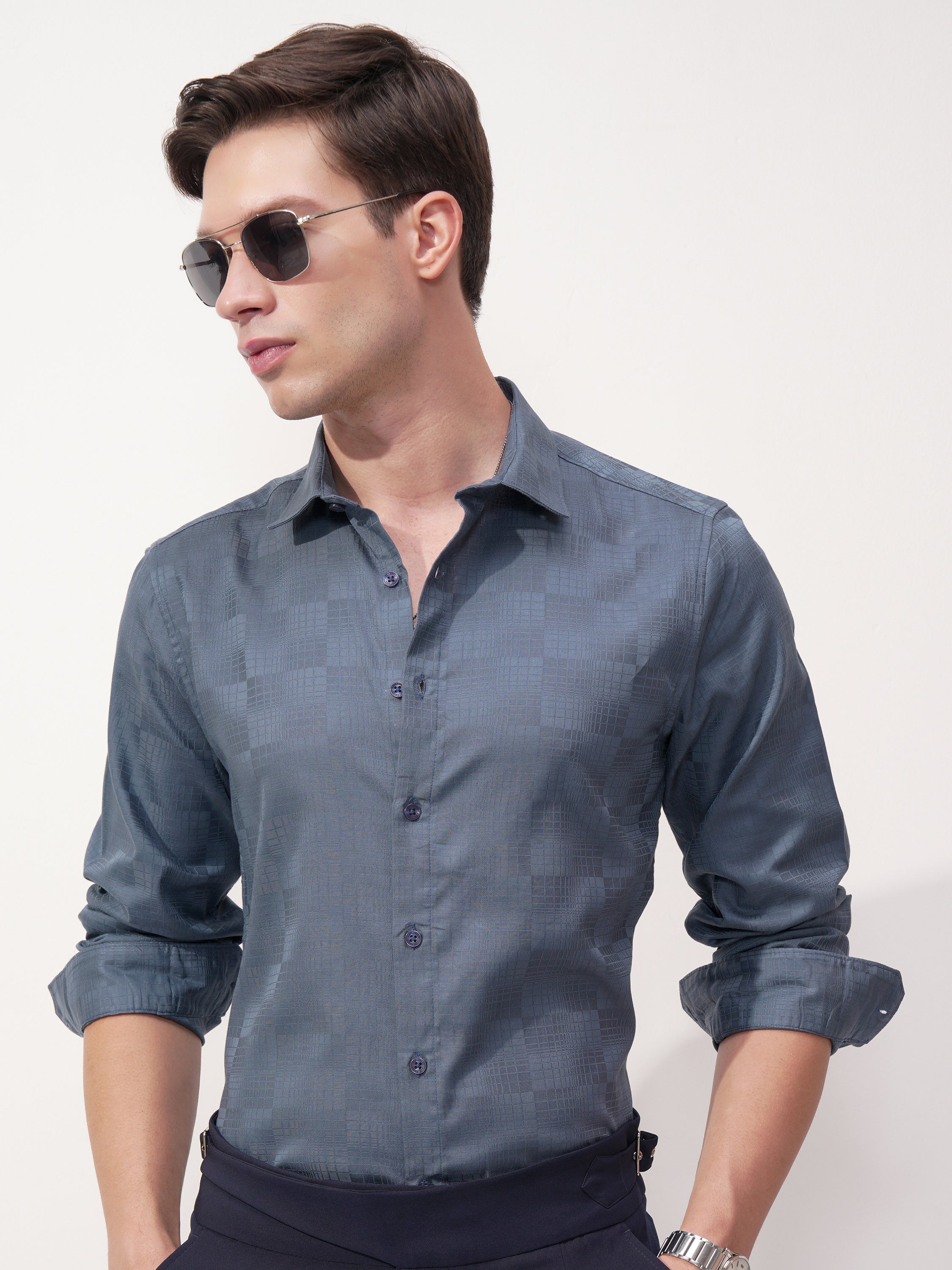 Highlander Men Blue Self Design Slim Fit Casual Shirt - Blue - Image 1