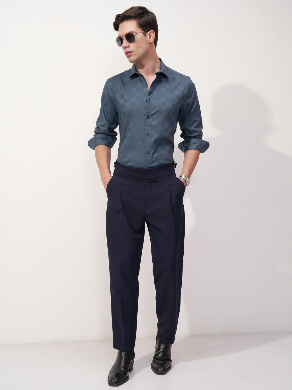 Highlander Men Blue Self Design Slim Fit Casual Shirt - Blue - Image 2