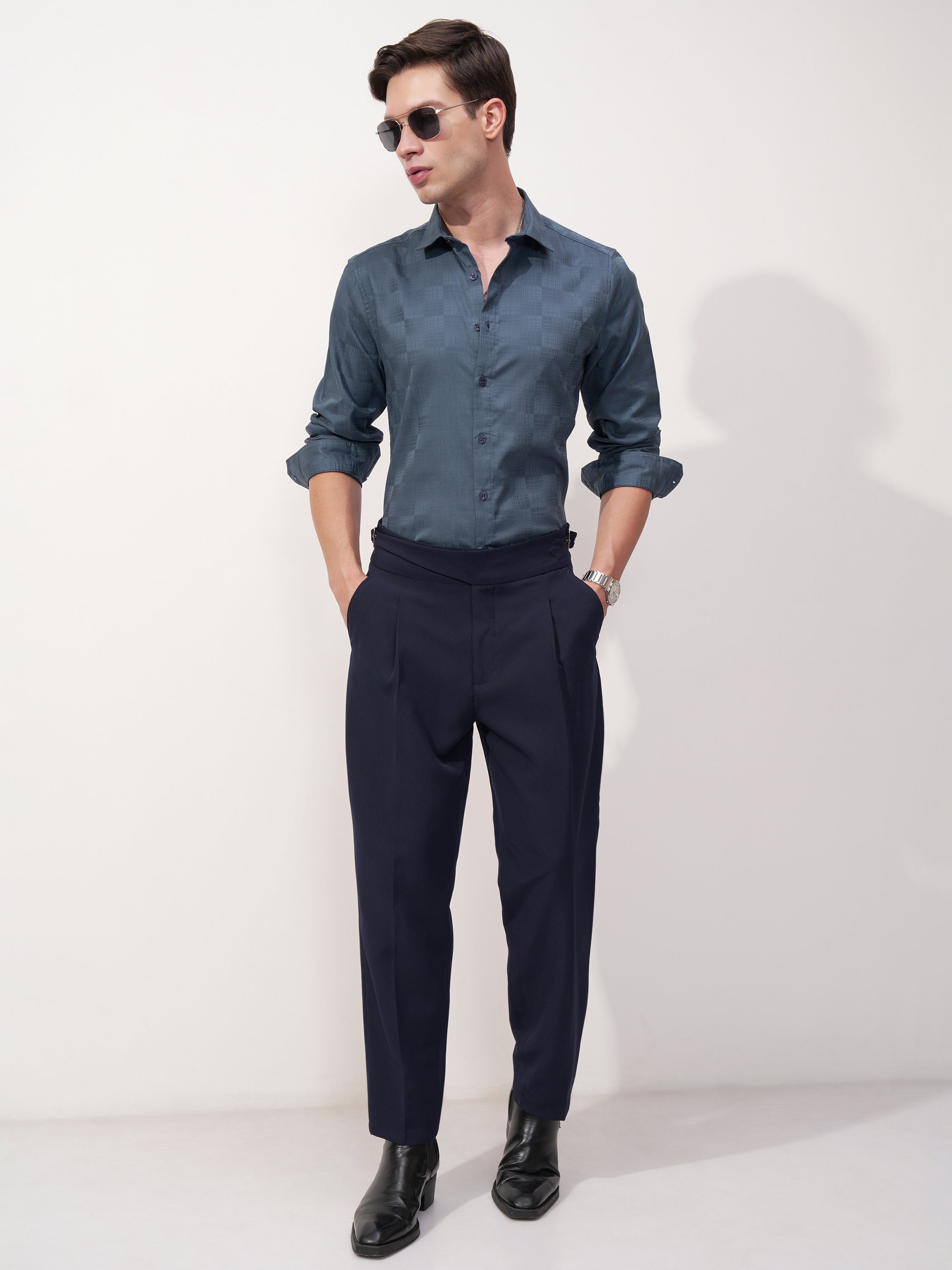 Highlander Men Blue Self Design Slim Fit Casual Shirt - Blue - Image 2