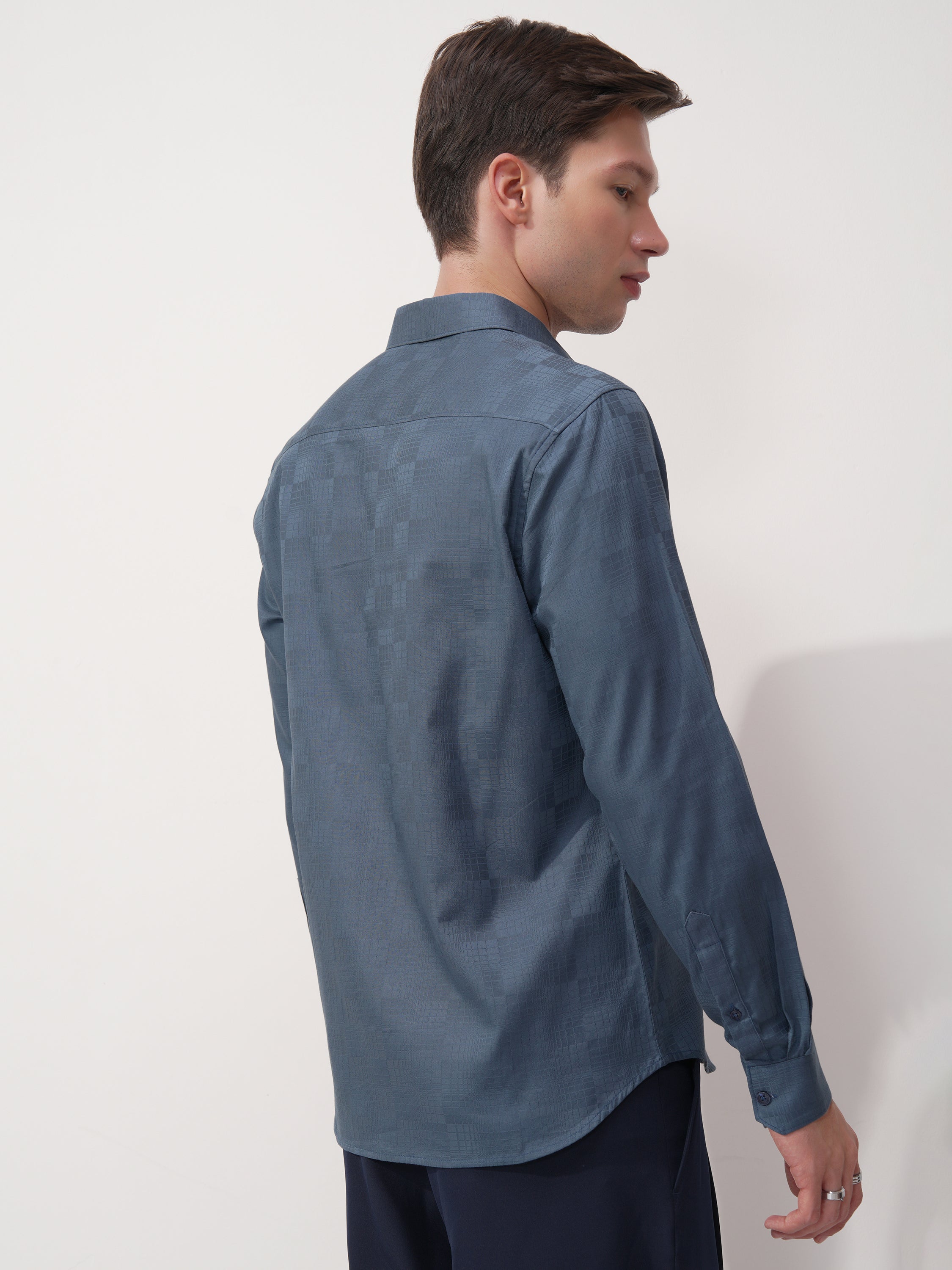 Highlander Men Blue Self Design Slim Fit Casual Shirt - Blue - Image 3
