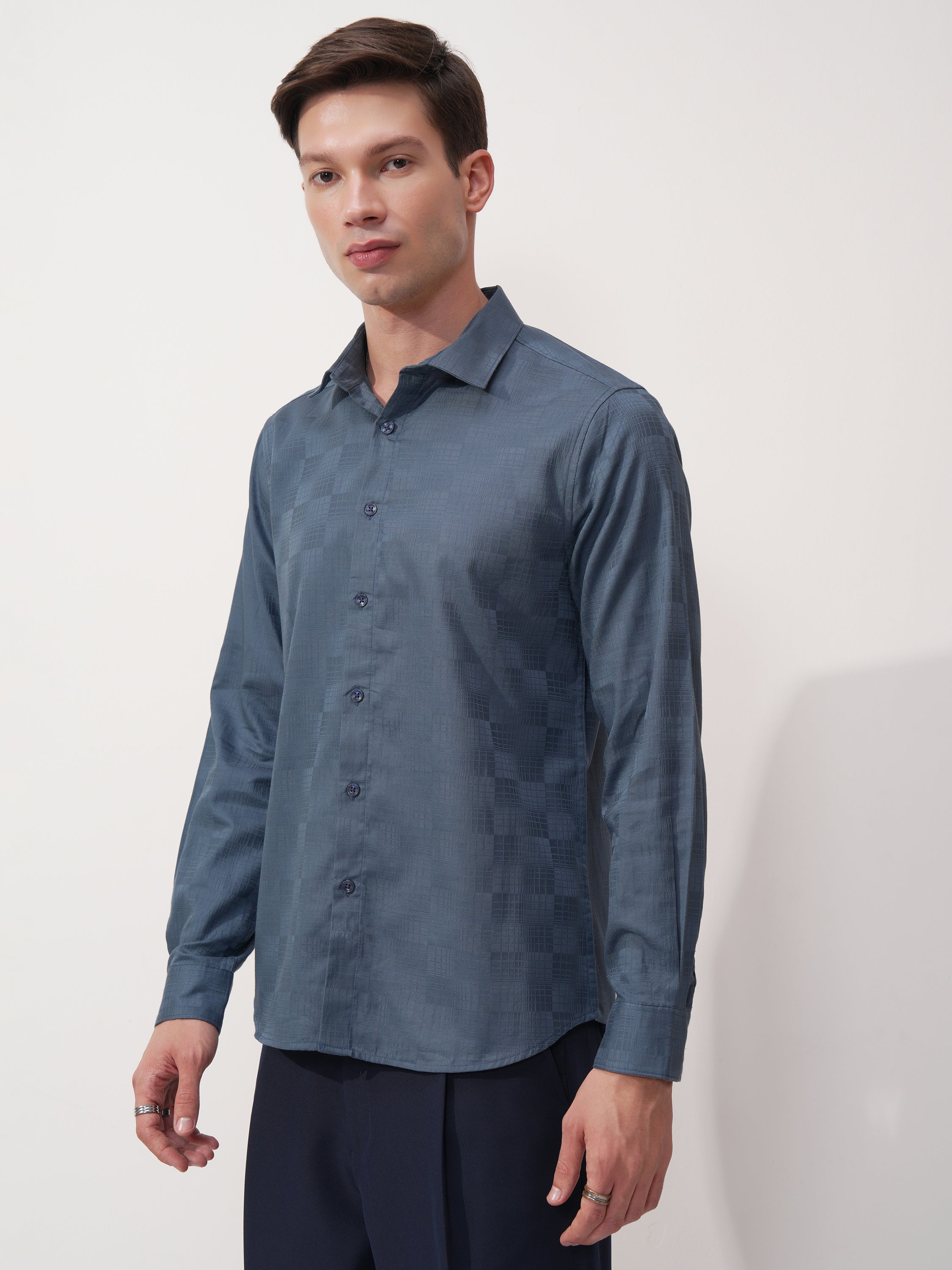 Highlander Men Blue Self Design Slim Fit Casual Shirt - Blue - Image 4