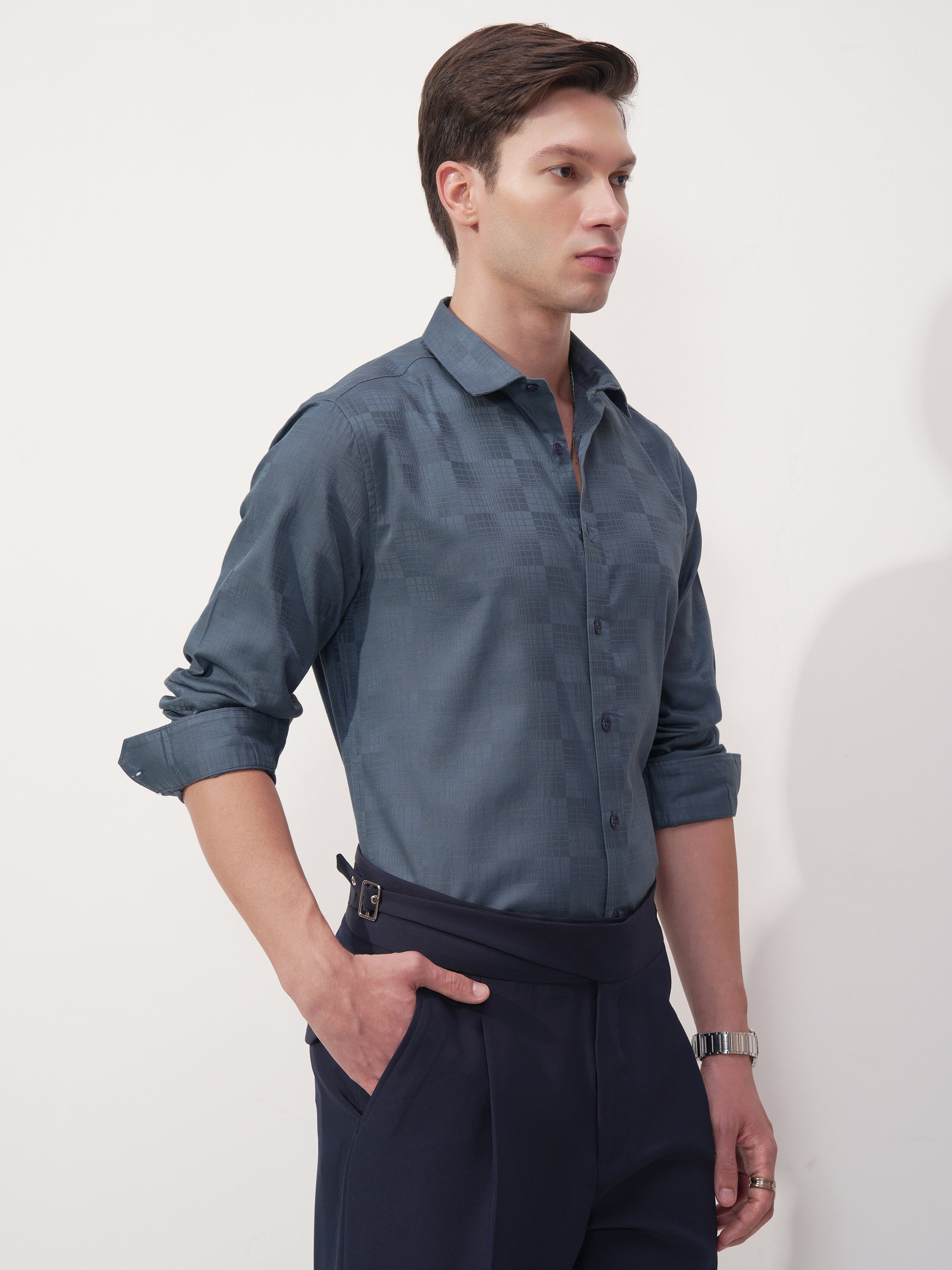 Highlander Men Blue Self Design Slim Fit Casual Shirt - Blue - Image 6