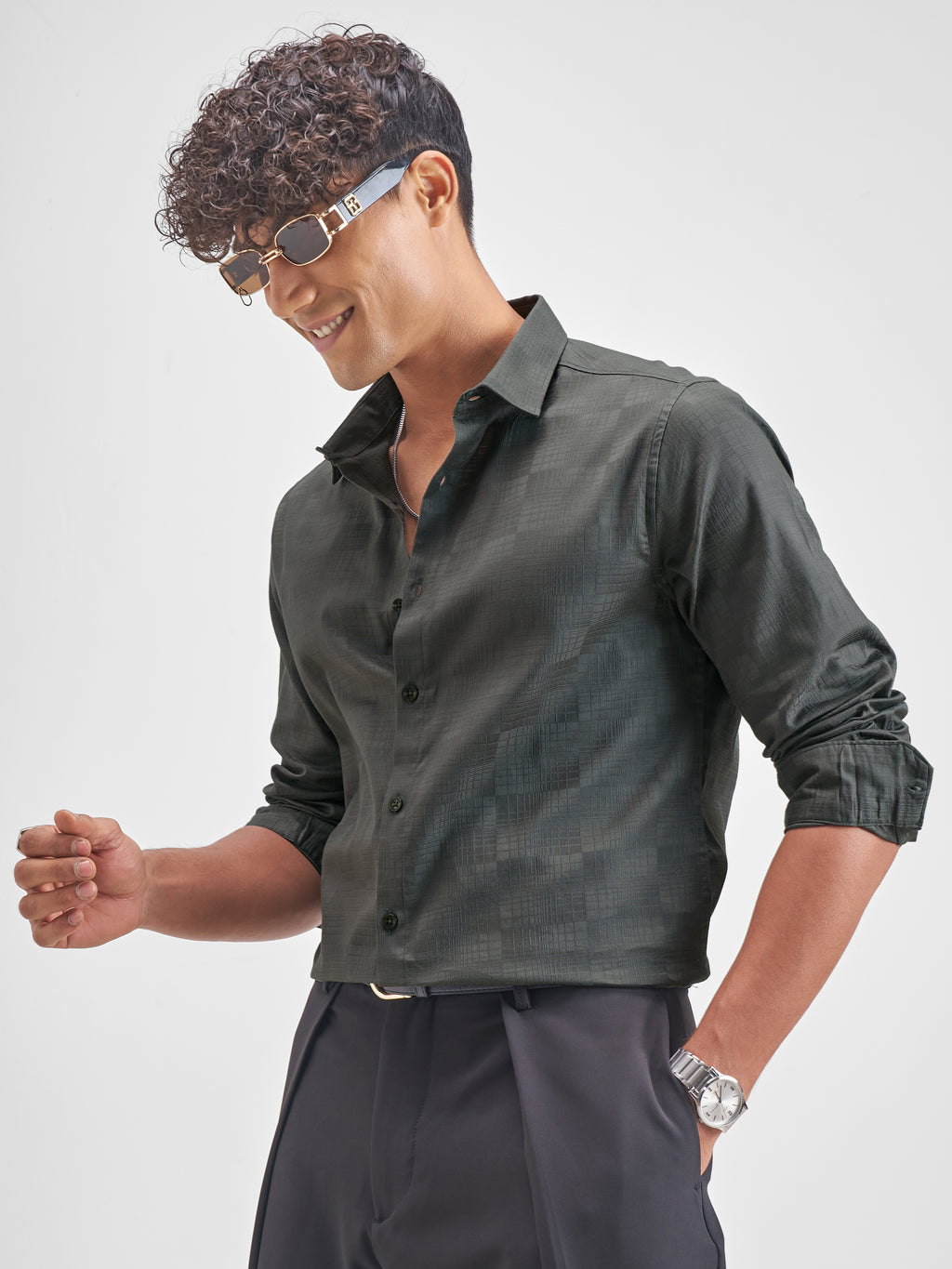 Highlander Men Charcoal Self Design Slim Fit Casual Shirt - Charcoal - Image 4