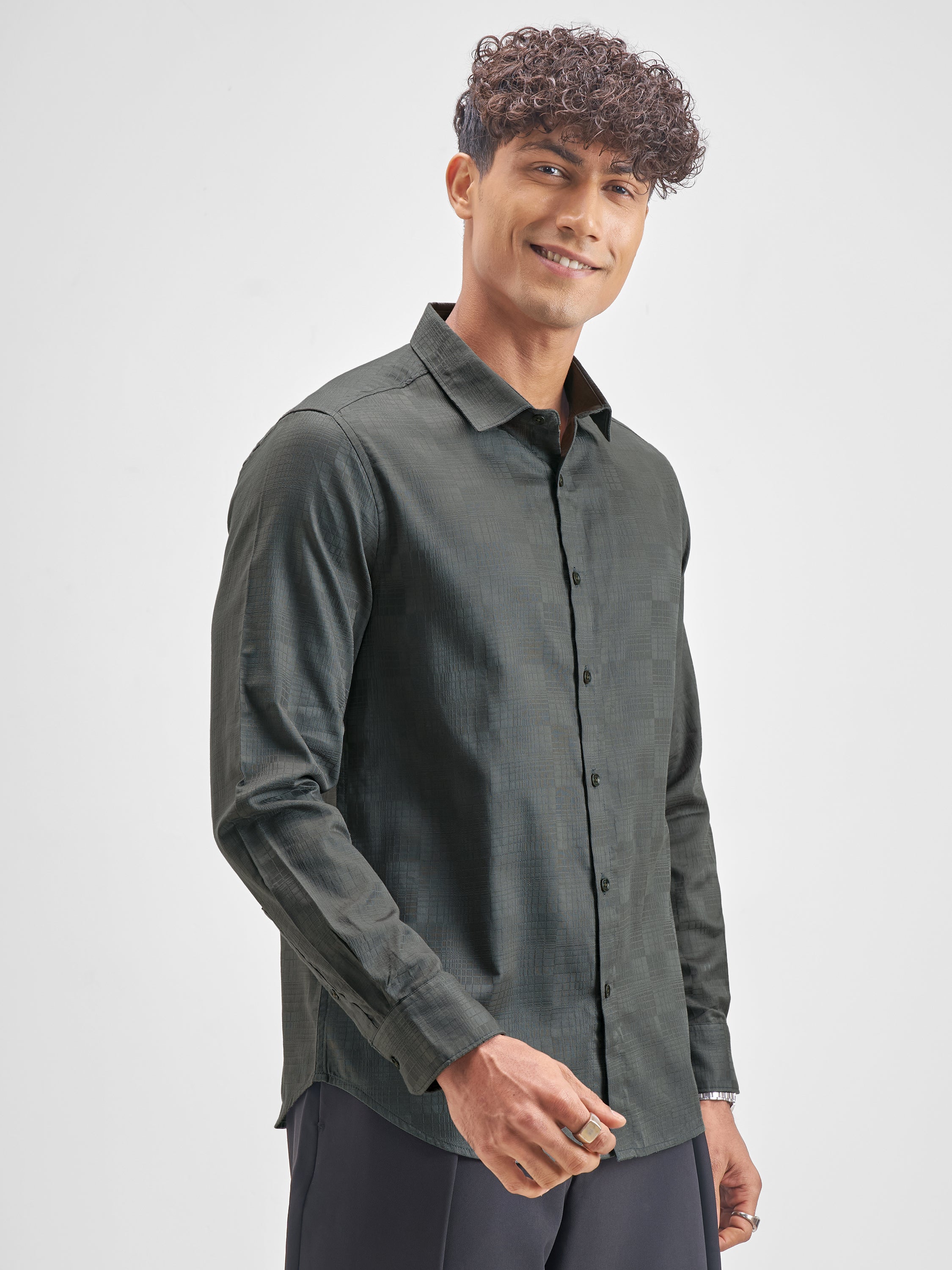Highlander Men Charcoal Self Design Slim Fit Casual Shirt - Charcoal - Image 6
