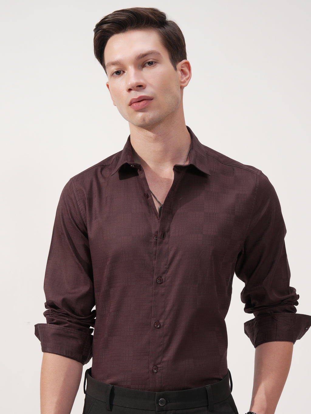 Highlander Men Brown Self Design Slim Fit Casual Shirt - Brown - Image 1