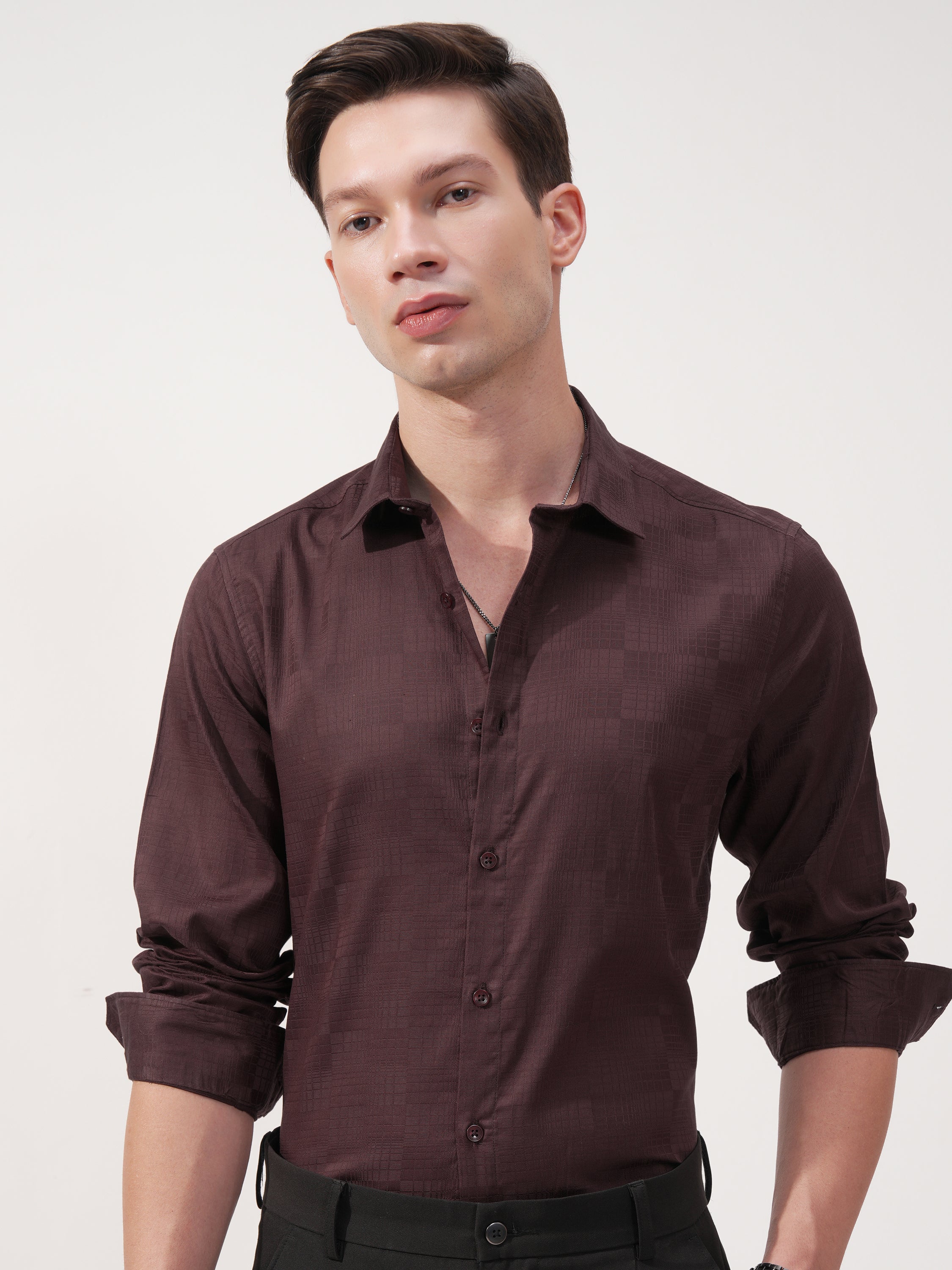 Highlander Men Brown Self Design Slim Fit Casual Shirt - Brown - Image 1
