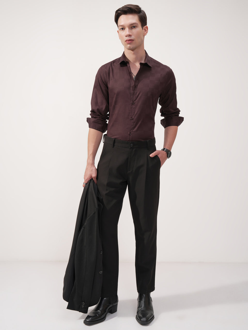 Highlander Men Brown Self Design Slim Fit Casual Shirt - Brown - Image 2