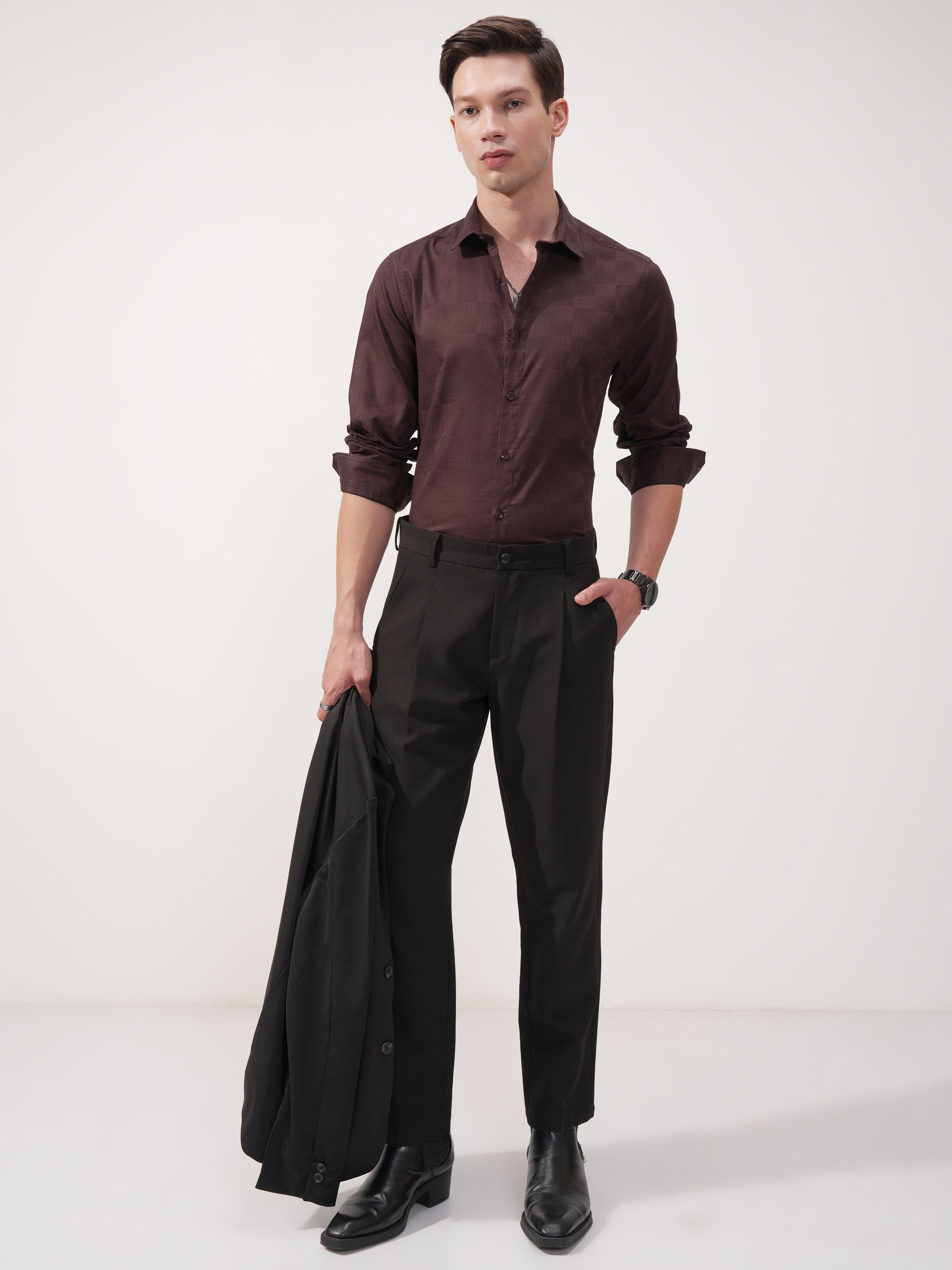 Highlander Men Brown Self Design Slim Fit Casual Shirt - Brown - Image 2