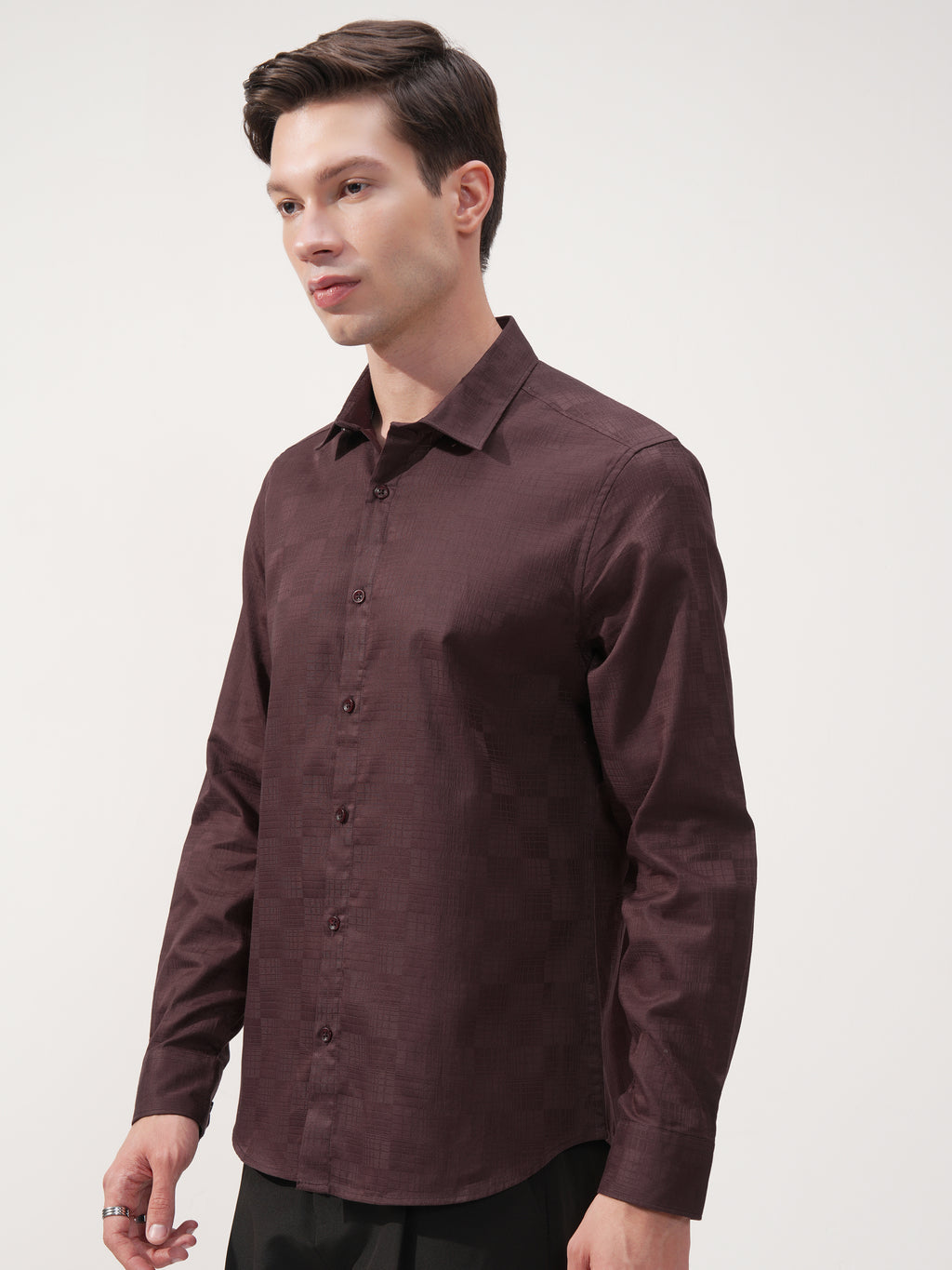 Highlander Men Brown Self Design Slim Fit Casual Shirt - Brown - Image 4