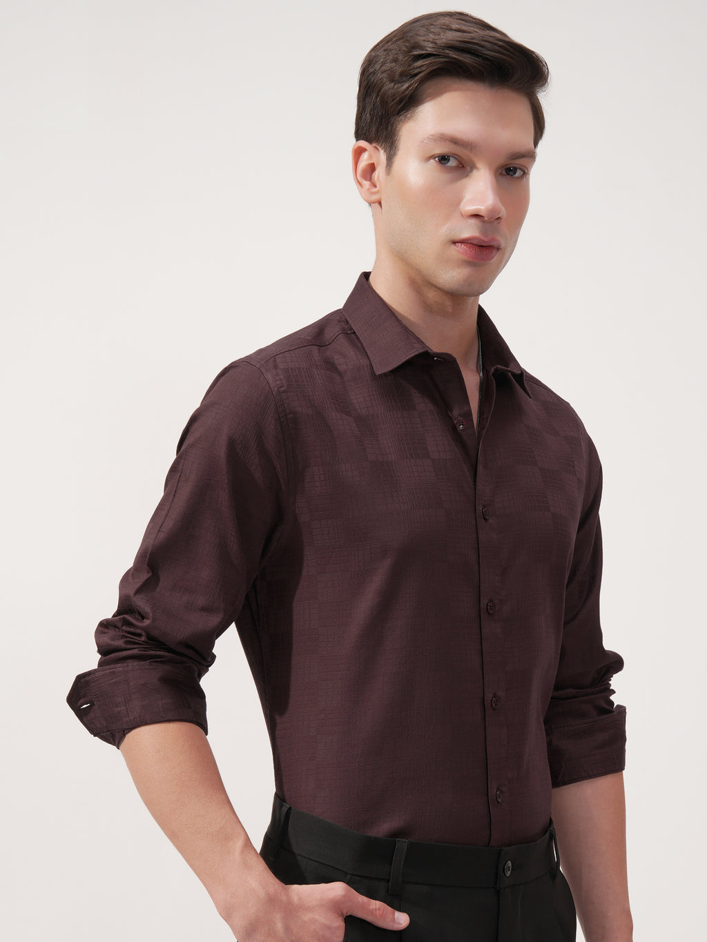 Highlander Men Brown Self Design Slim Fit Casual Shirt - Brown - Image 6