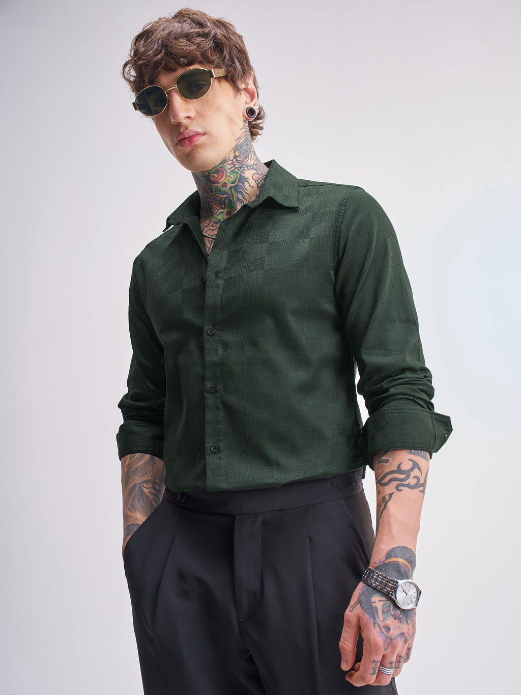 Highlander Men Green Self Design Slim Fit Casual Shirt - Green - Image 1