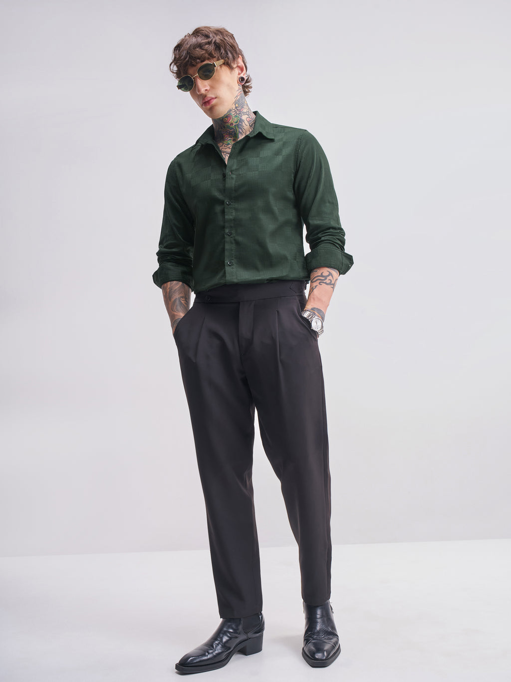 Highlander Men Green Self Design Slim Fit Casual Shirt - Green - Image 2