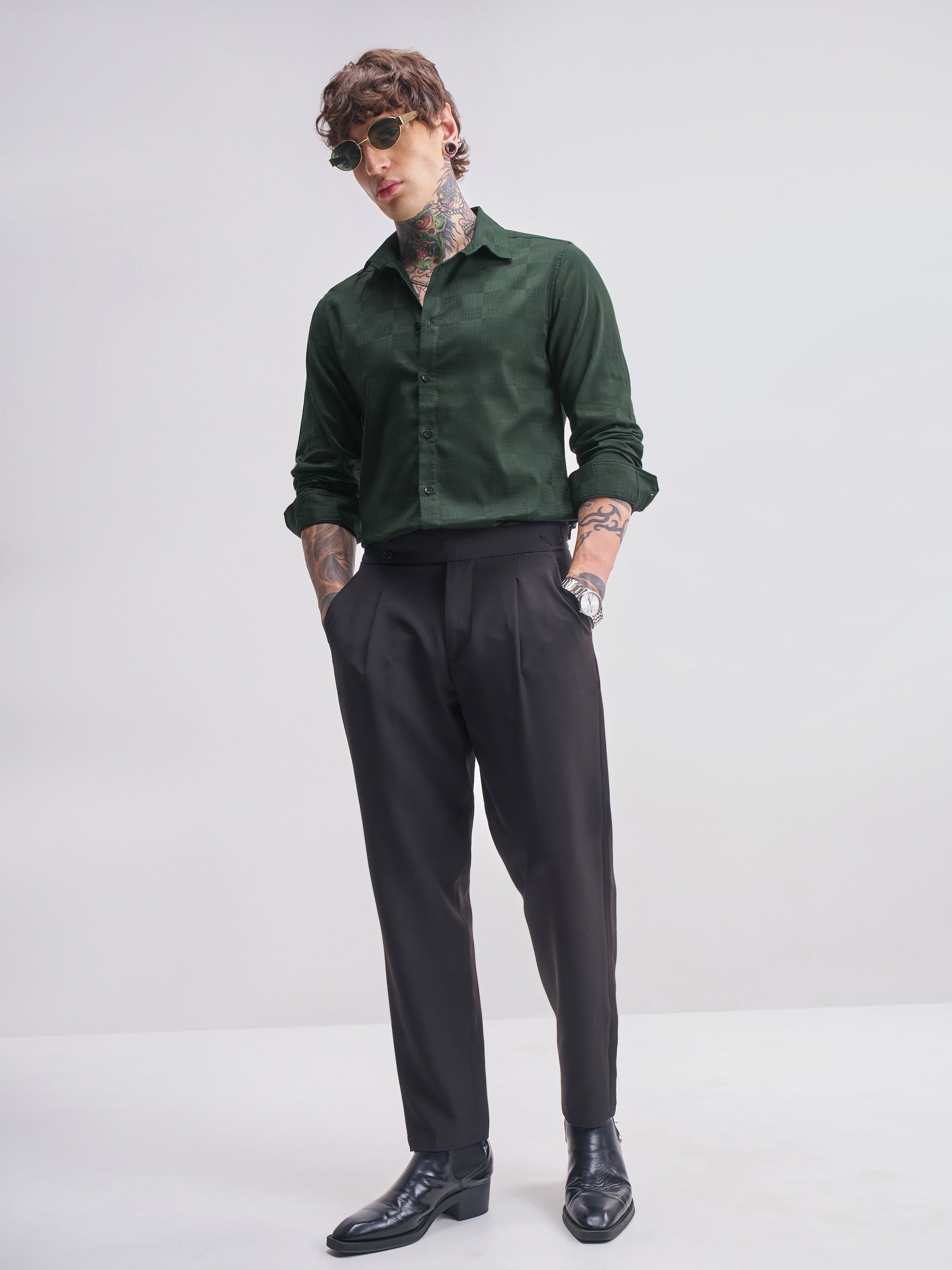 Highlander Men Green Self Design Slim Fit Casual Shirt - Green - Image 2