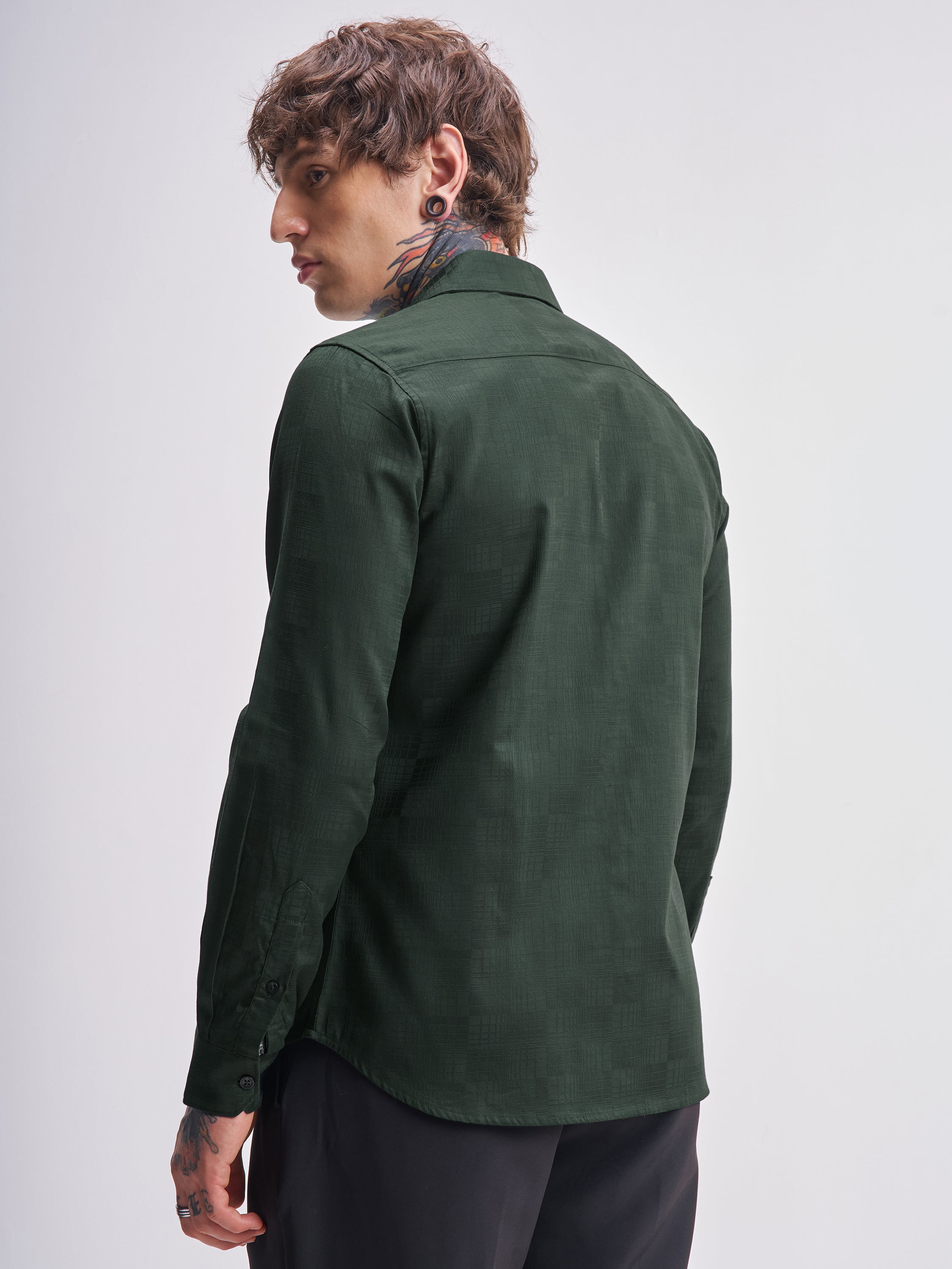 Highlander Men Green Self Design Slim Fit Casual Shirt - Green - Image 3