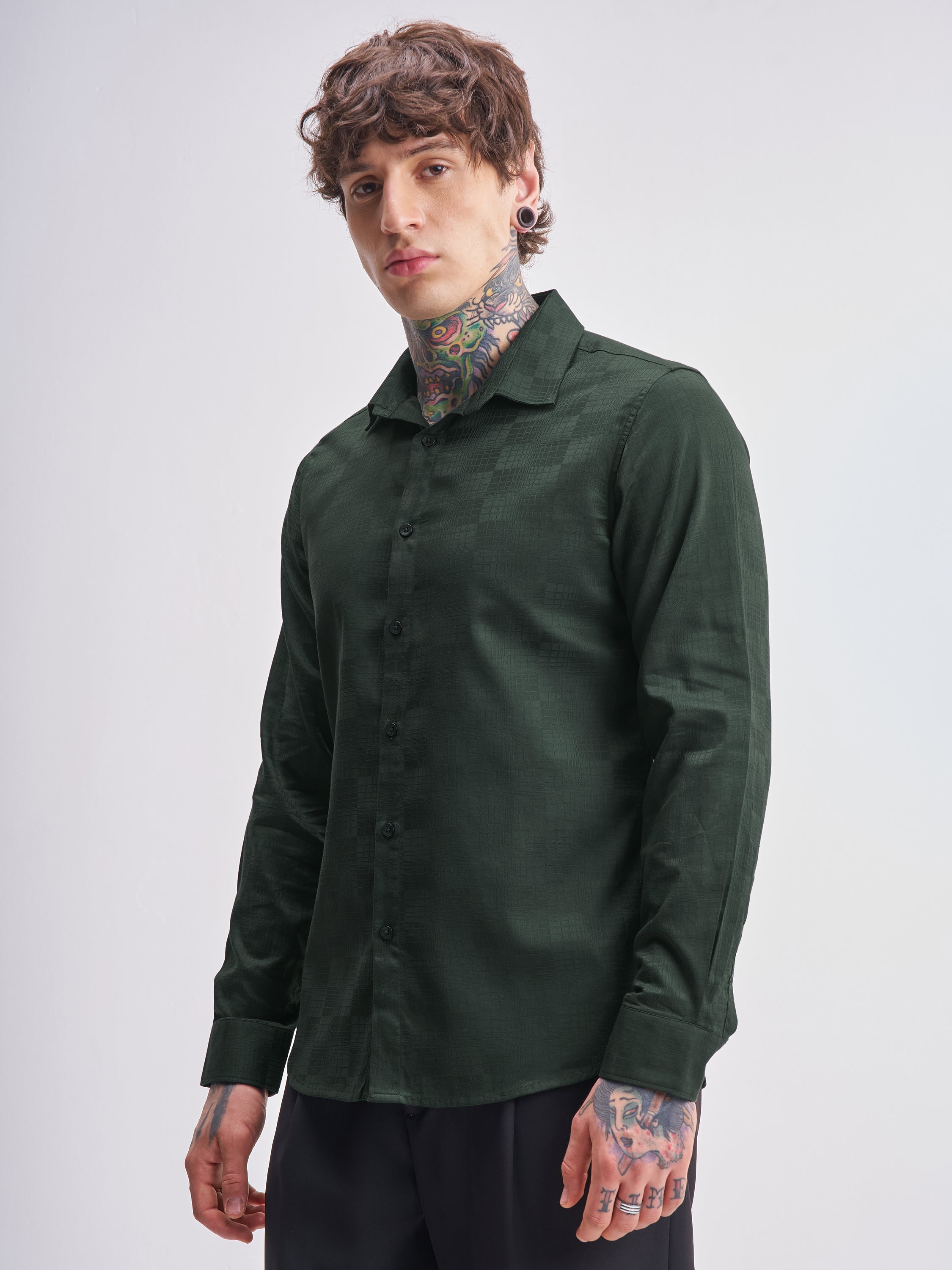 Highlander Men Green Self Design Slim Fit Casual Shirt - Green - Image 4