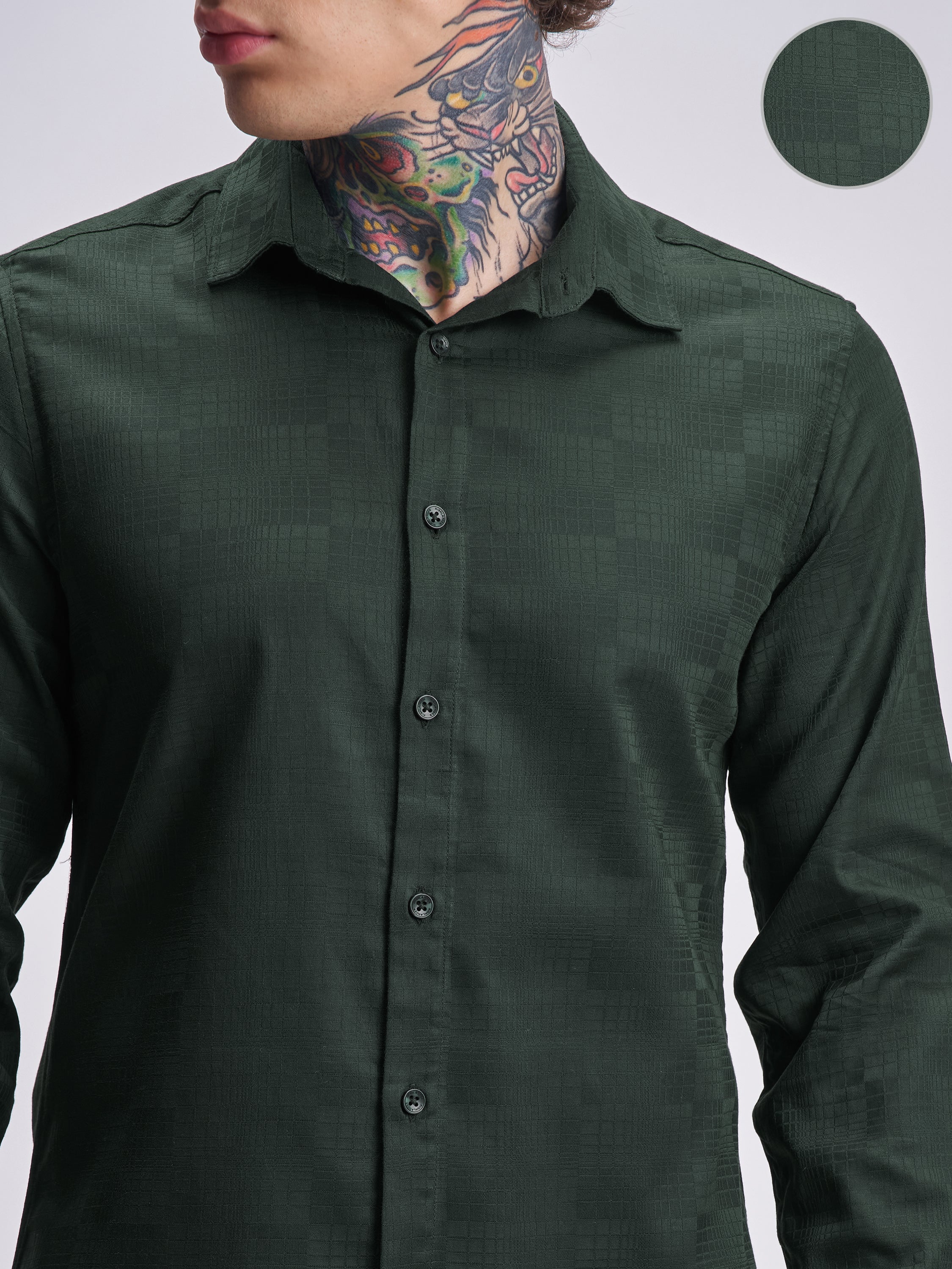 Highlander Men Green Self Design Slim Fit Casual Shirt - Green - Image 5