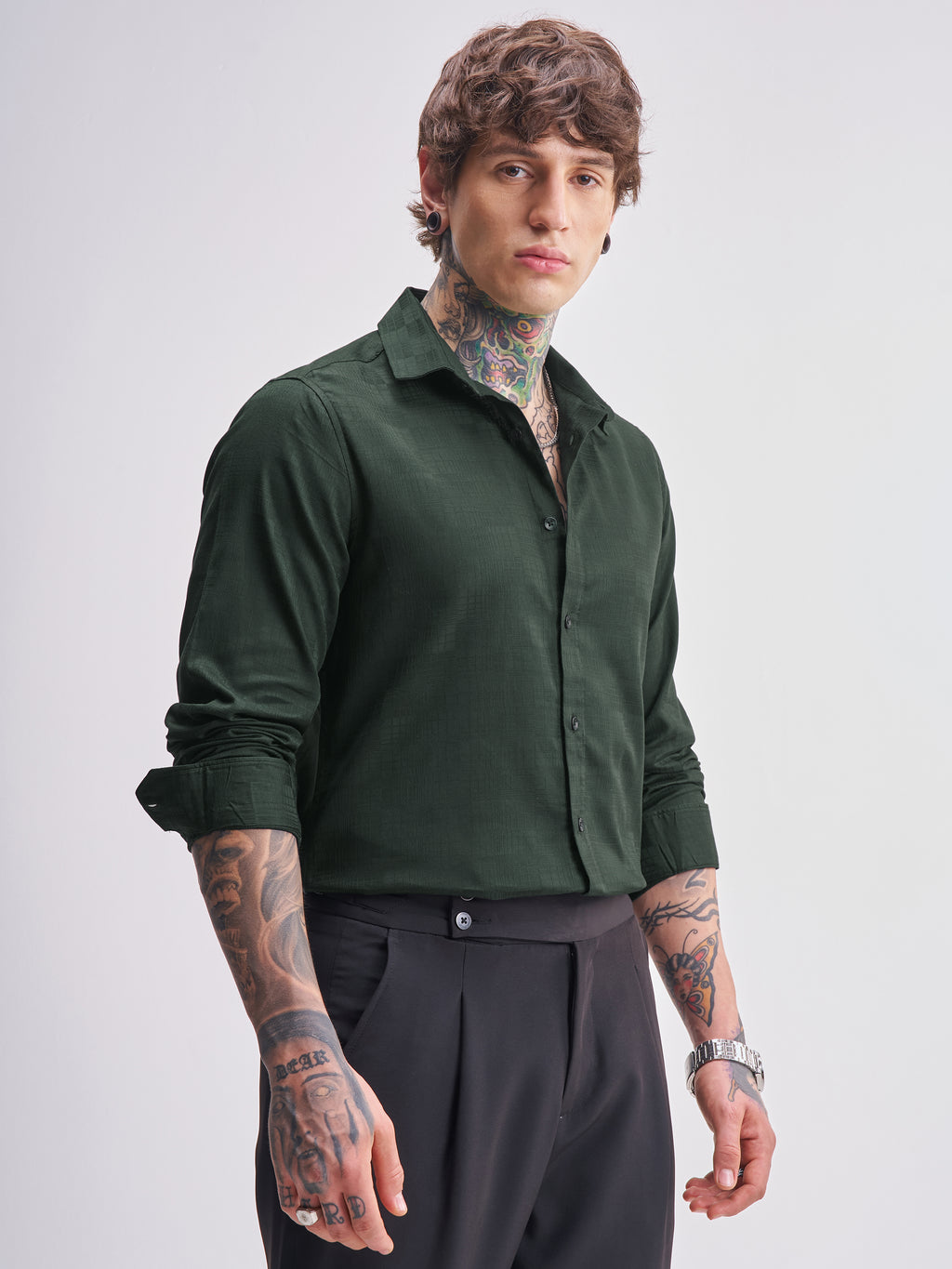 Highlander Men Green Self Design Slim Fit Casual Shirt - Green - Image 6