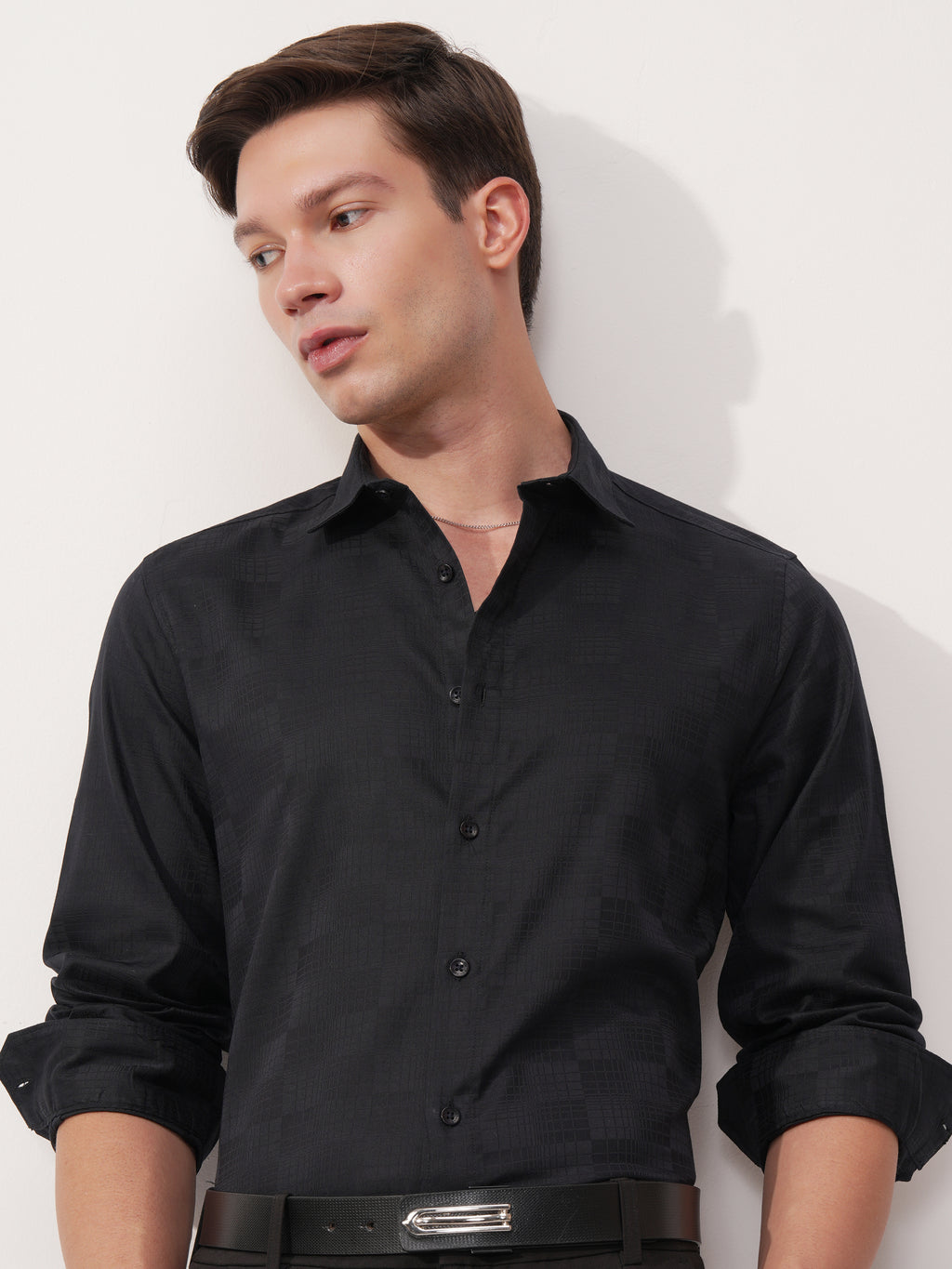 Highlander Men Navy Blue Self Design Slim Fit Casual Shirt - Navy Blue - Image 1
