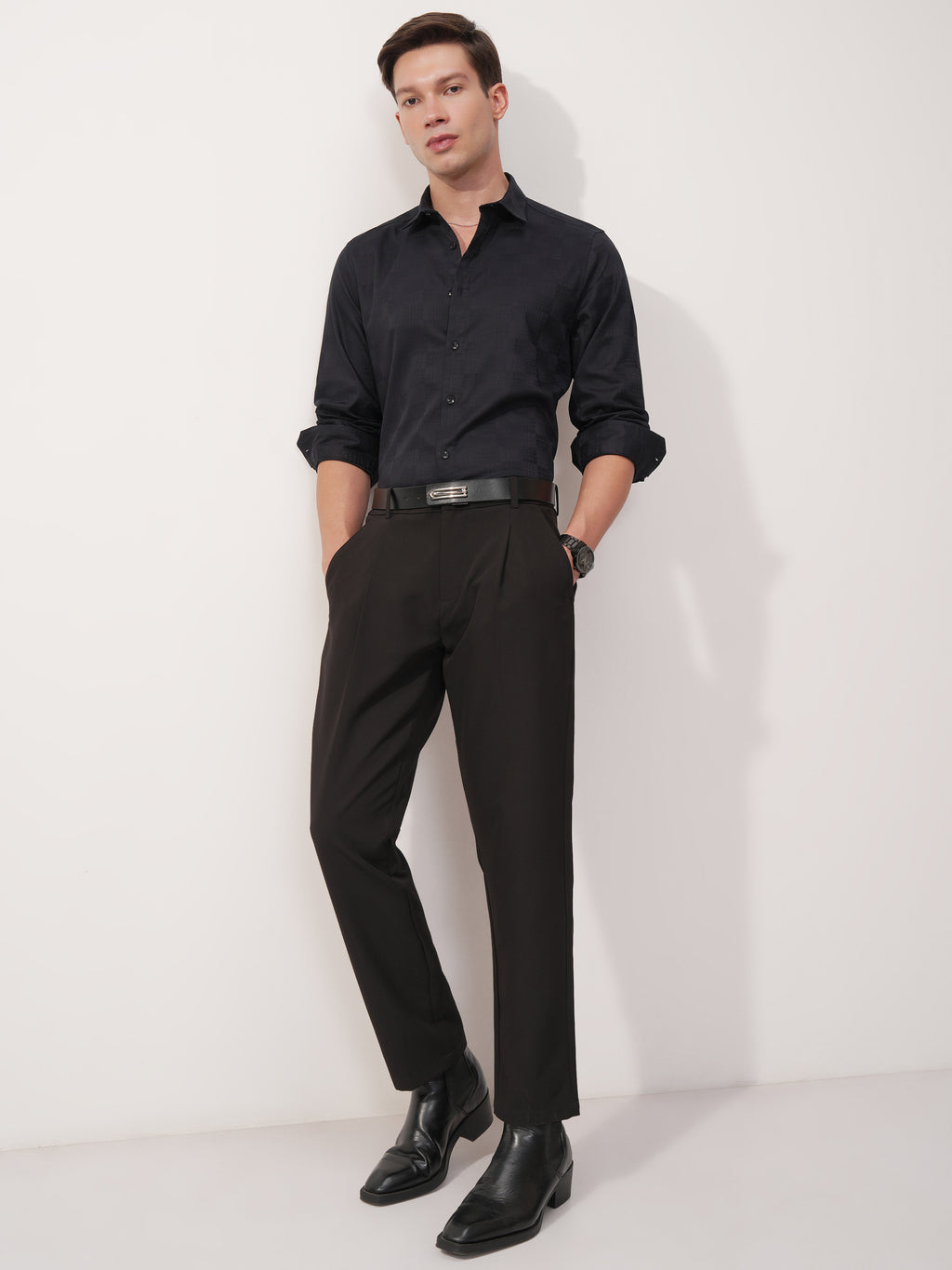 Highlander Men Navy Blue Self Design Slim Fit Casual Shirt - Navy Blue - Image 2