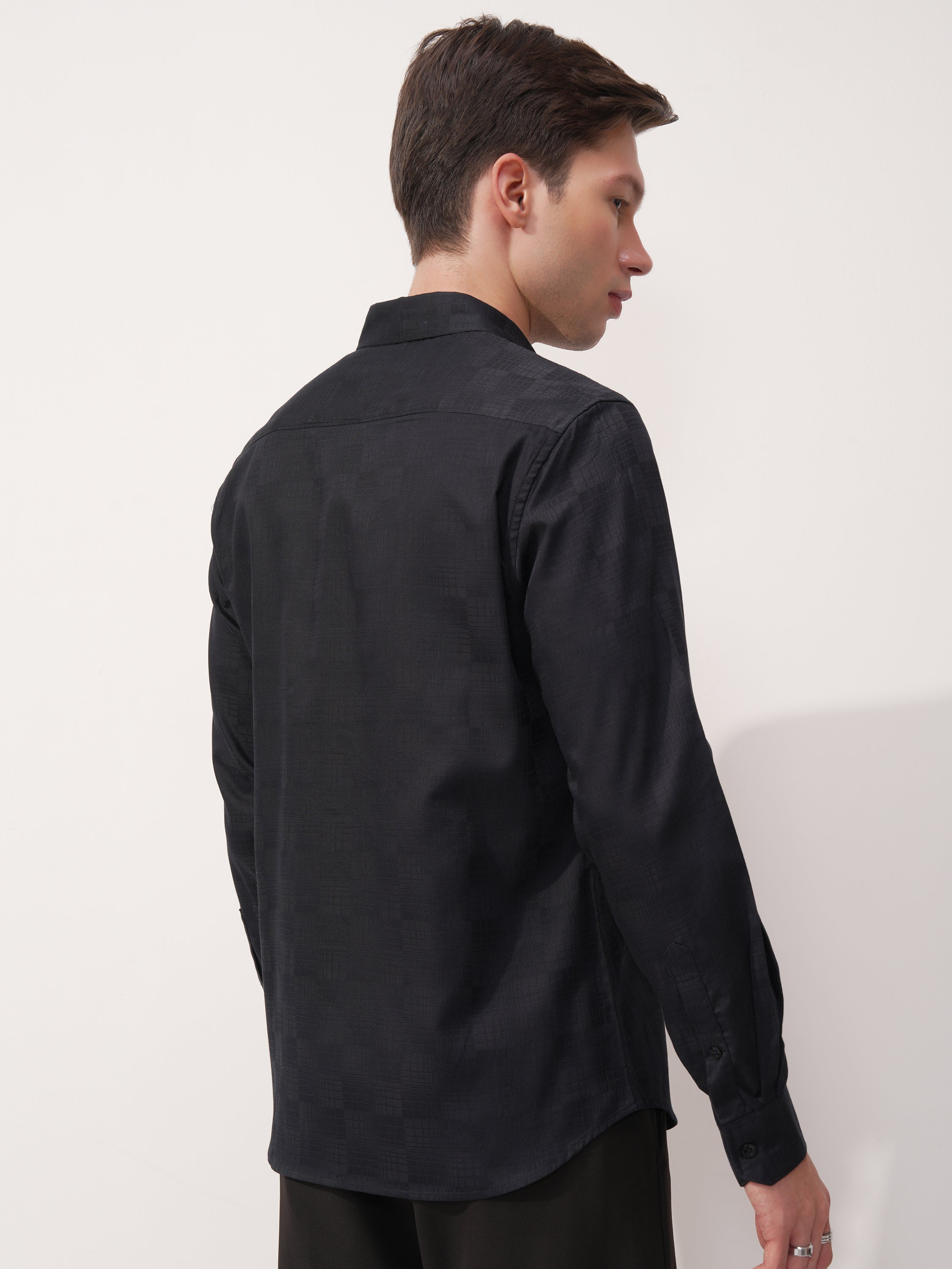 Highlander Men Navy Blue Self Design Slim Fit Casual Shirt - Navy Blue - Image 3