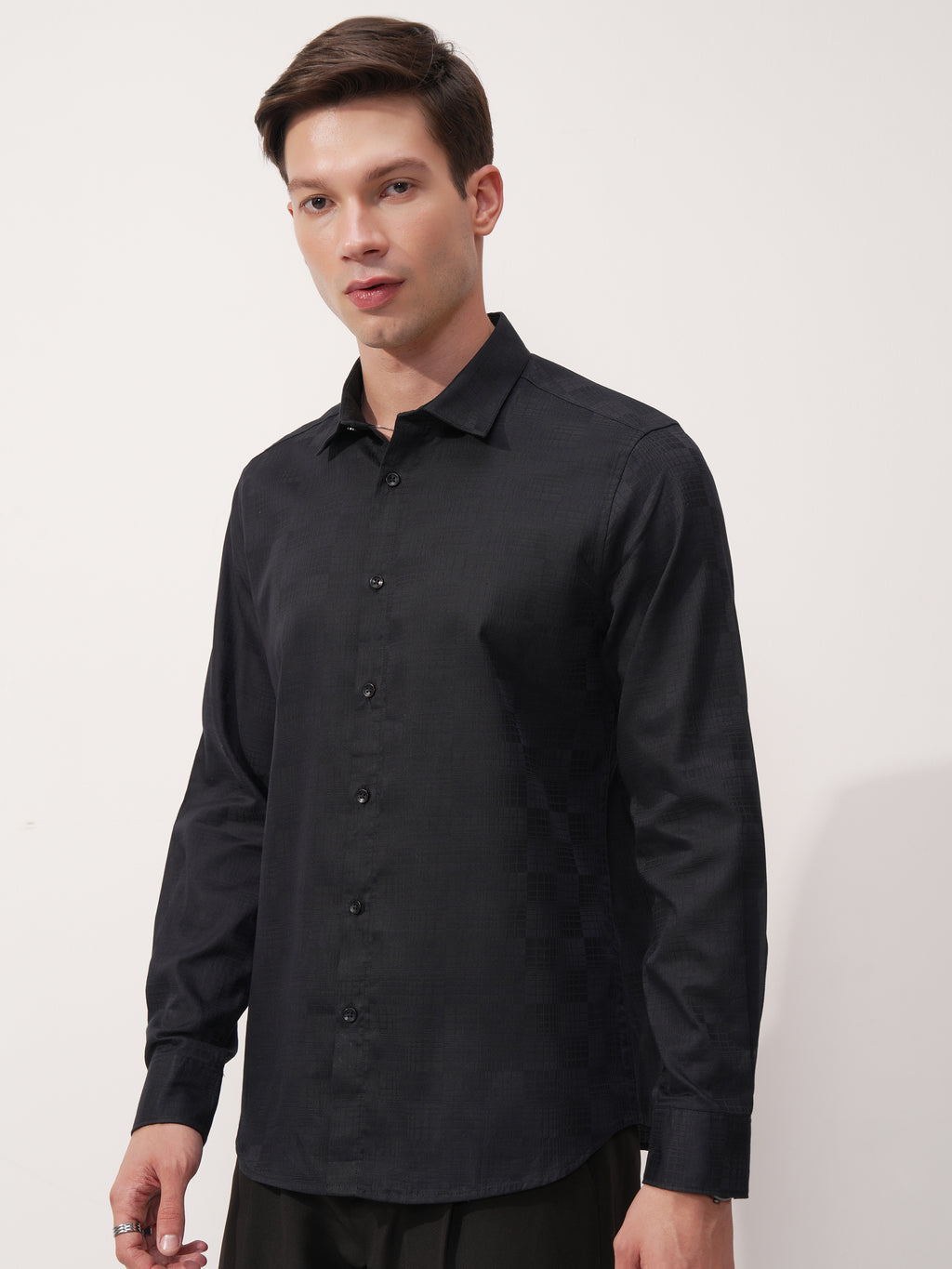 Highlander Men Navy Blue Self Design Slim Fit Casual Shirt - Navy Blue - Image 4