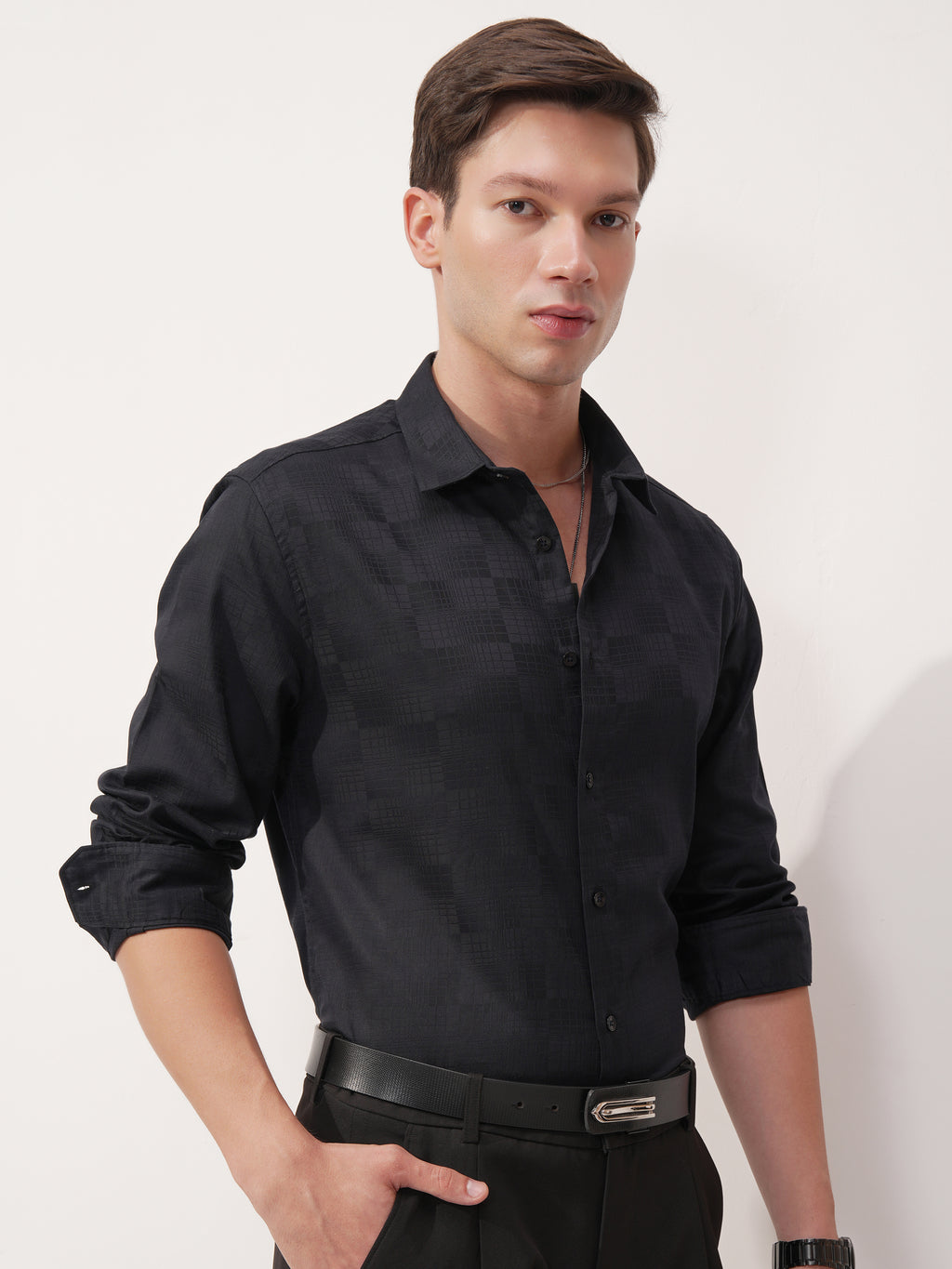 Highlander Men Navy Blue Self Design Slim Fit Casual Shirt - Navy Blue - Image 6
