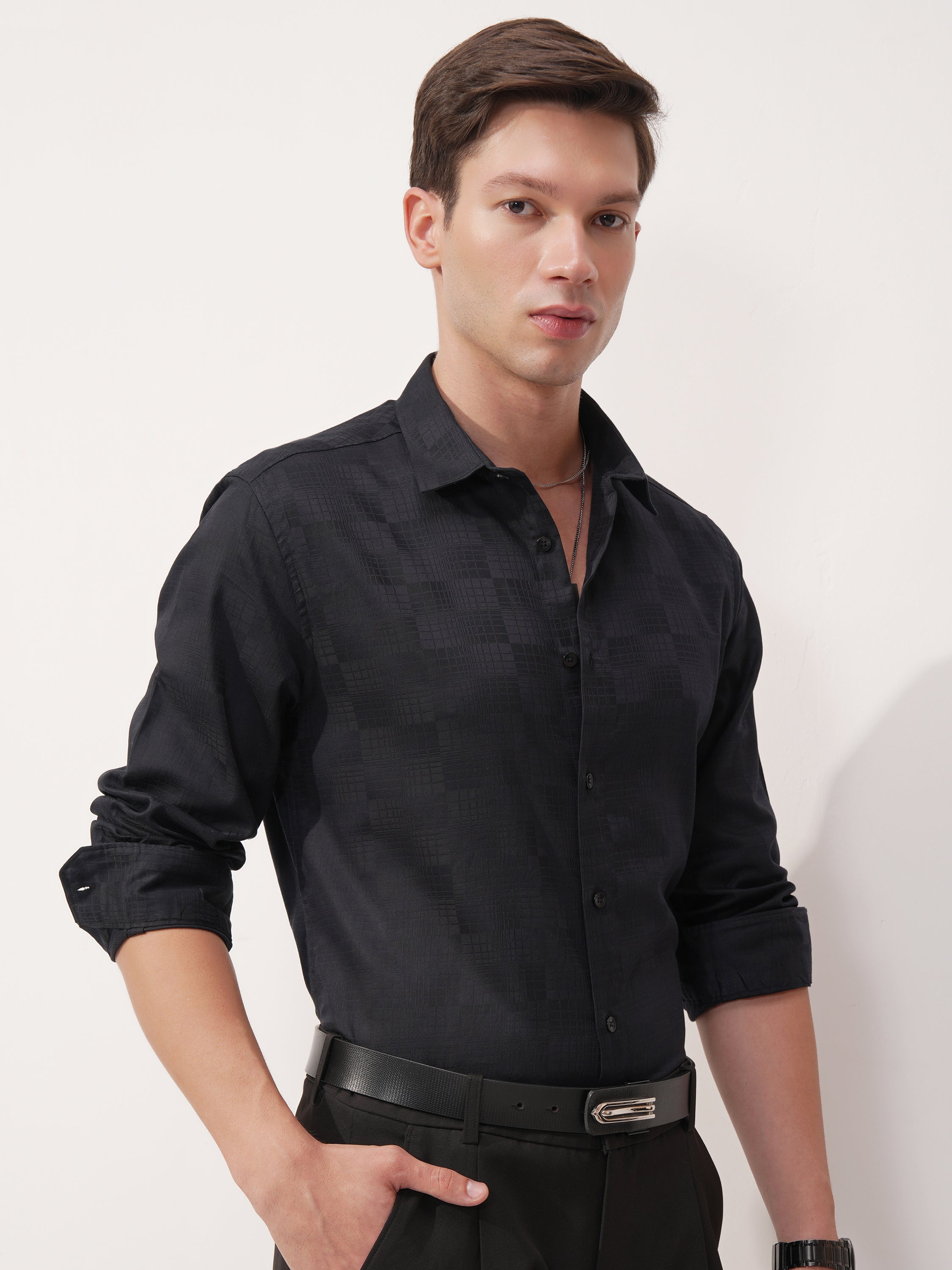 Highlander Men Navy Blue Self Design Slim Fit Casual Shirt - Navy Blue - Image 6