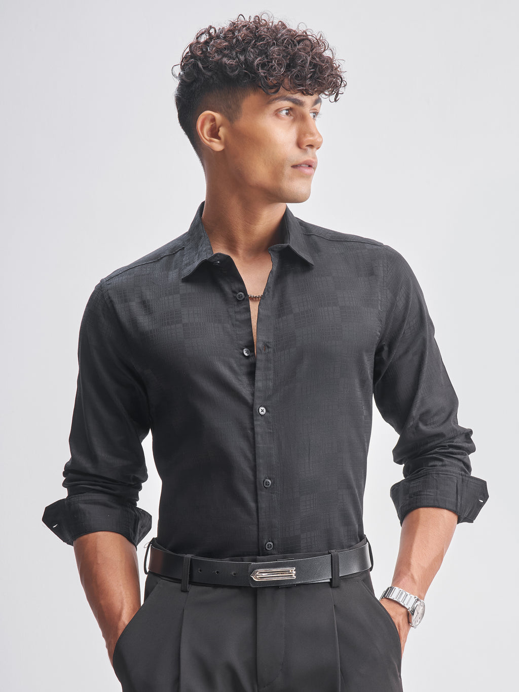 Highlander Men Black Self Design Slim Fit Casual Shirt - Black - Image 1