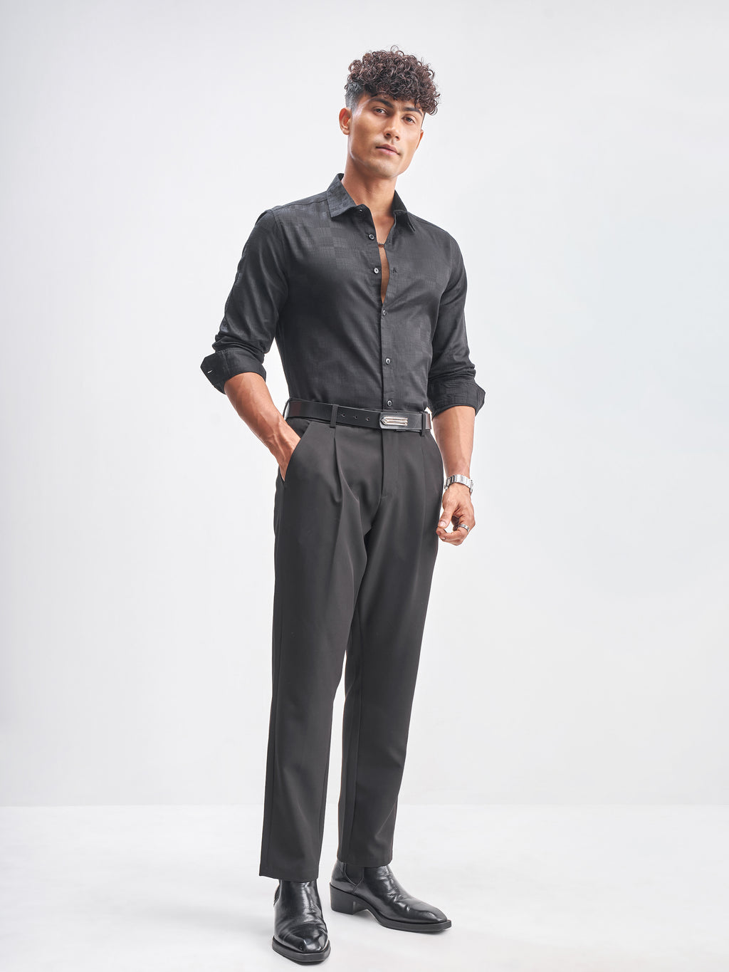Highlander Men Black Self Design Slim Fit Casual Shirt - Black - Image 2