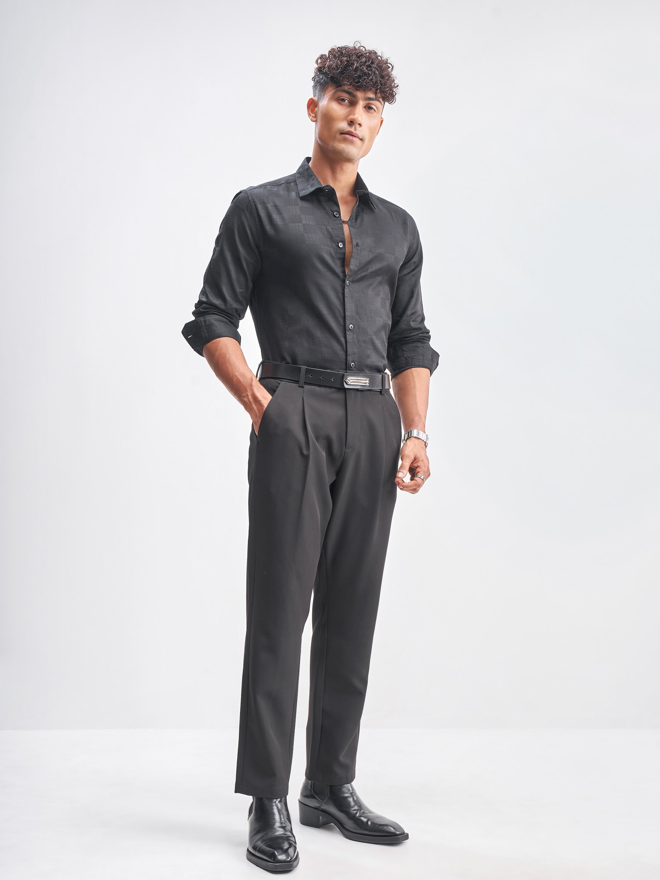Highlander Men Black Self Design Slim Fit Casual Shirt - Black - Image 2