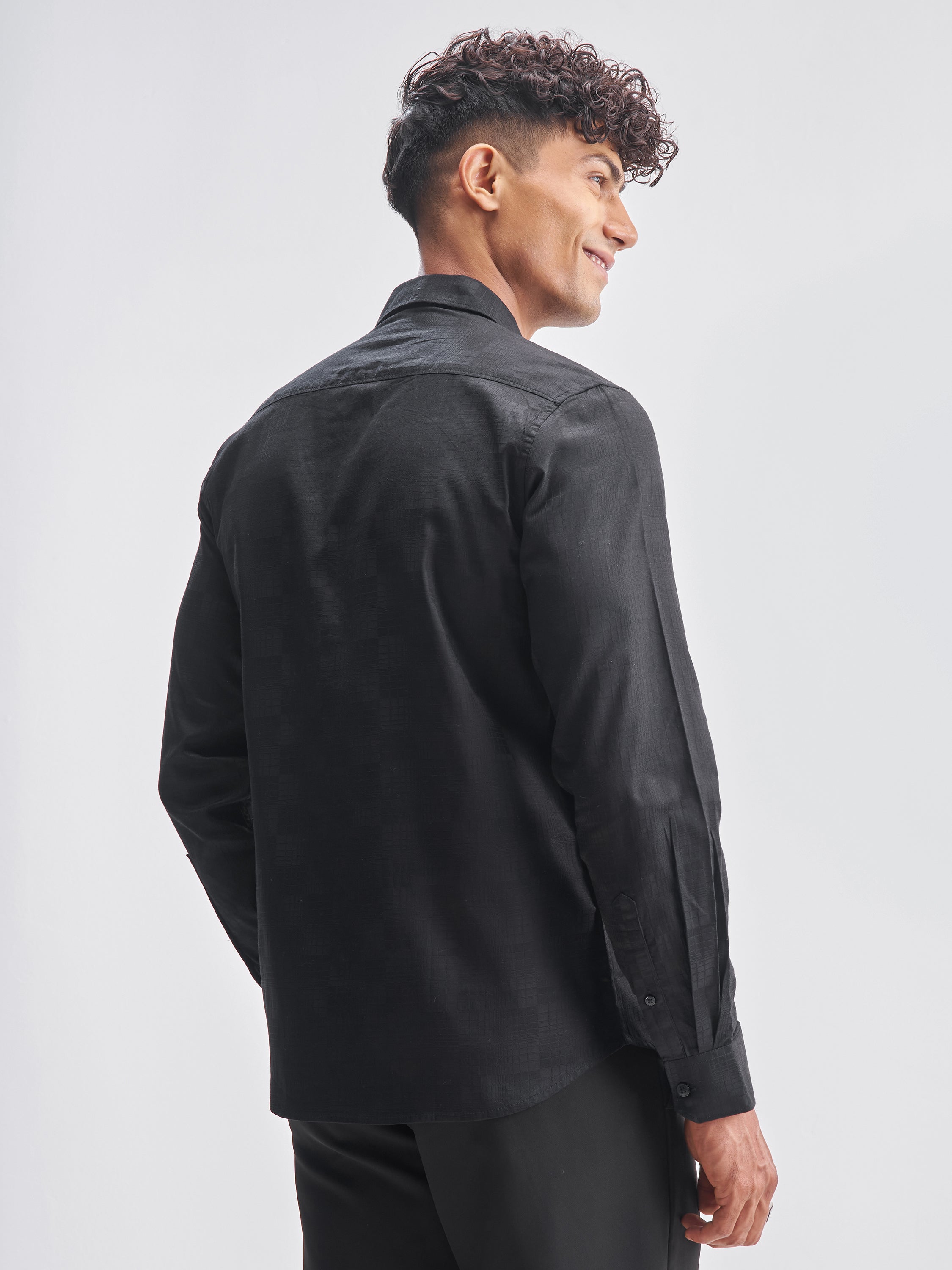 Highlander Men Black Self Design Slim Fit Casual Shirt - Black - Image 3