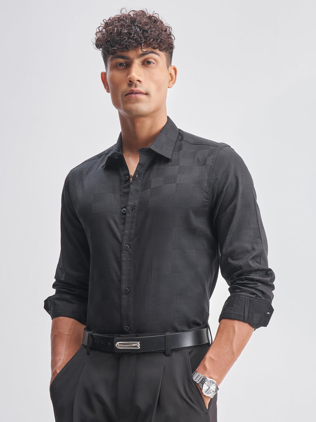 Highlander Men Black Self Design Slim Fit Casual Shirt - Black - Image 4