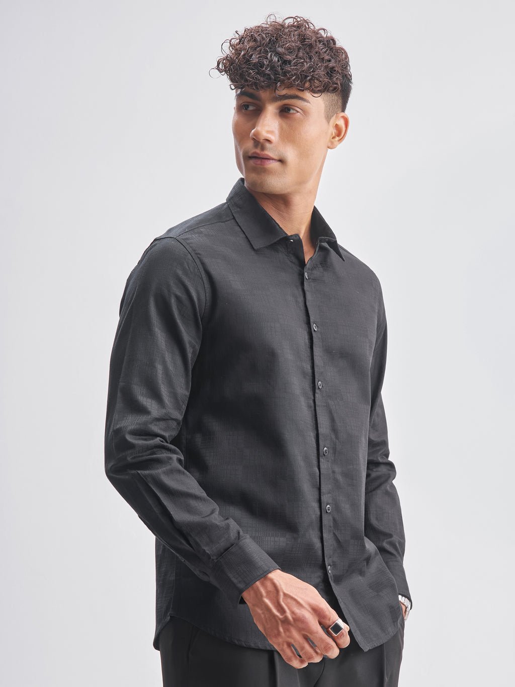 Highlander Men Black Self Design Slim Fit Casual Shirt - Black - Image 6