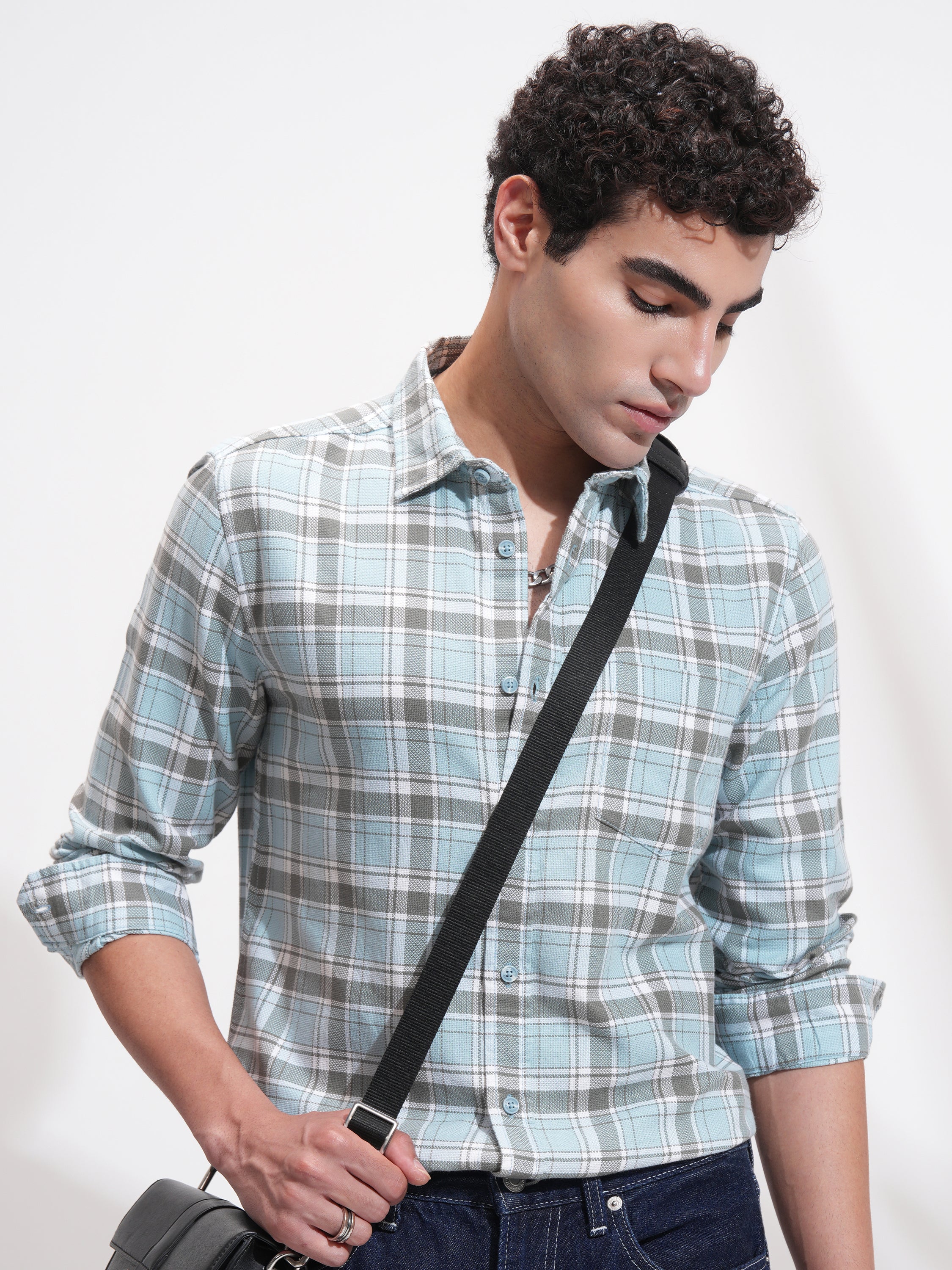 Highlander Men Blue Checked Slim Fit Casual Shirt - Blue - Image 1