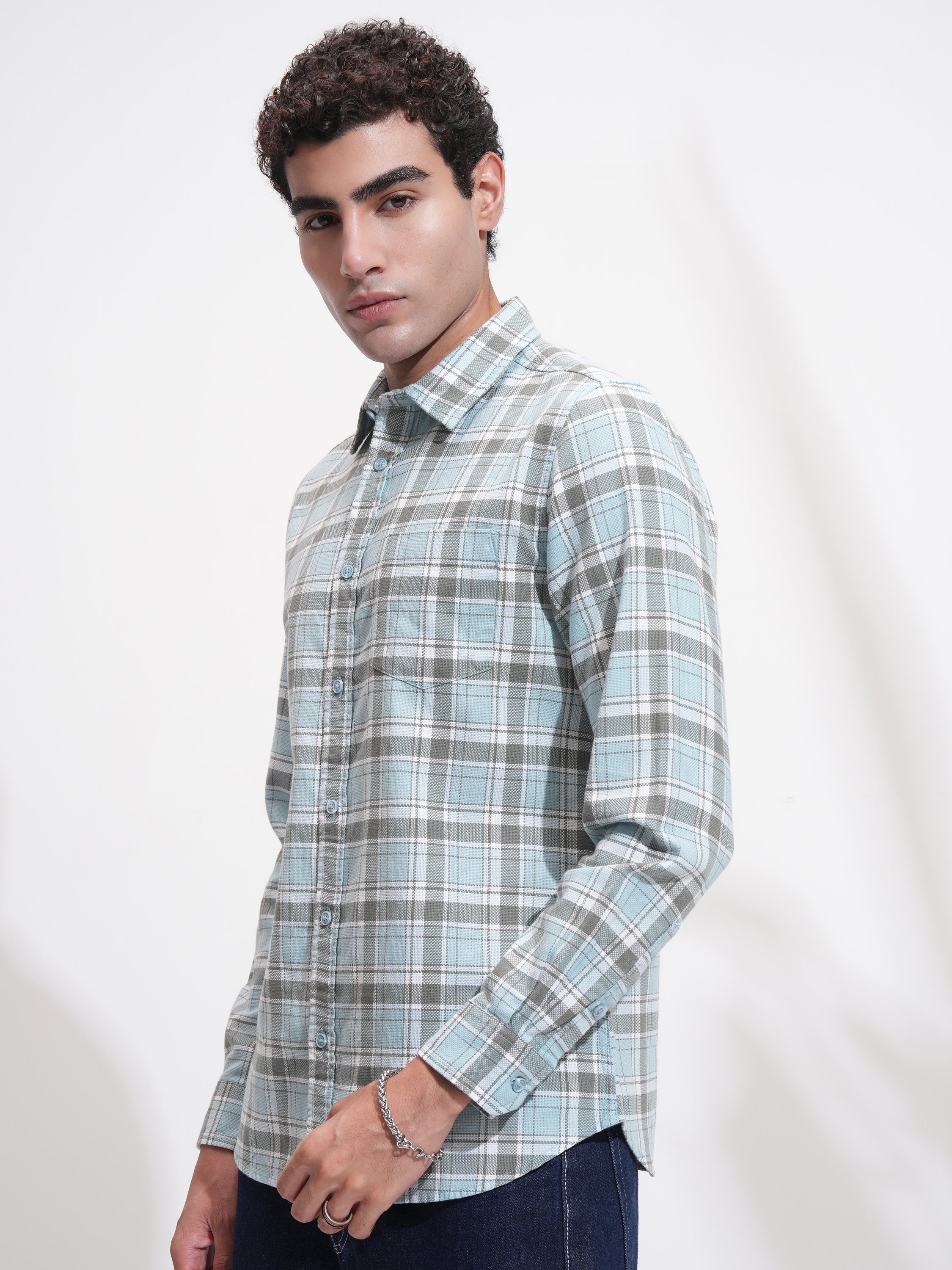 Highlander Men Blue Checked Slim Fit Casual Shirt - Blue - Image 4