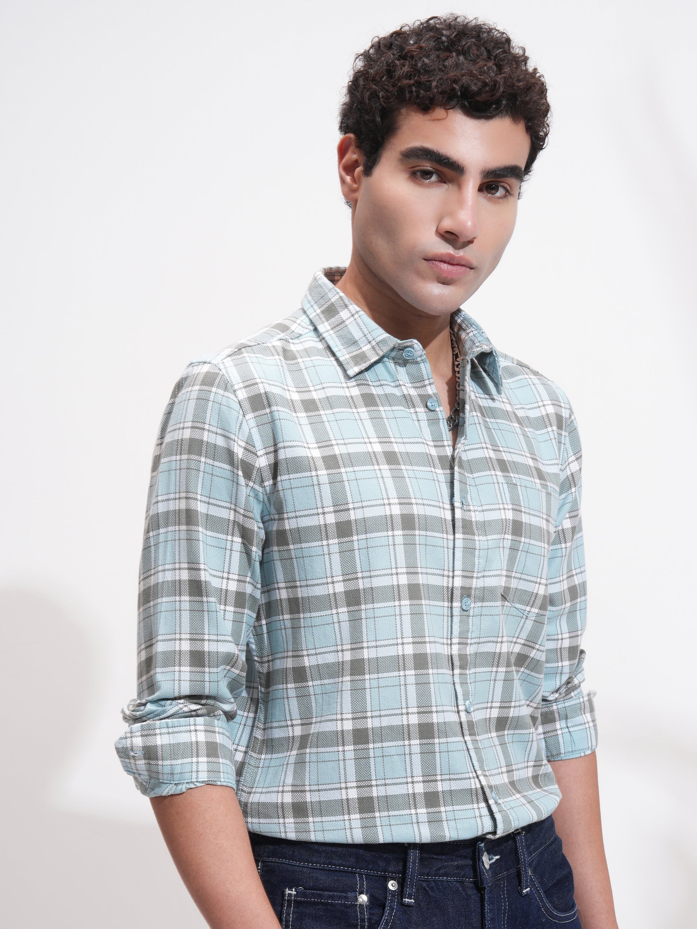 Highlander Men Blue Checked Slim Fit Casual Shirt - Blue - Image 6