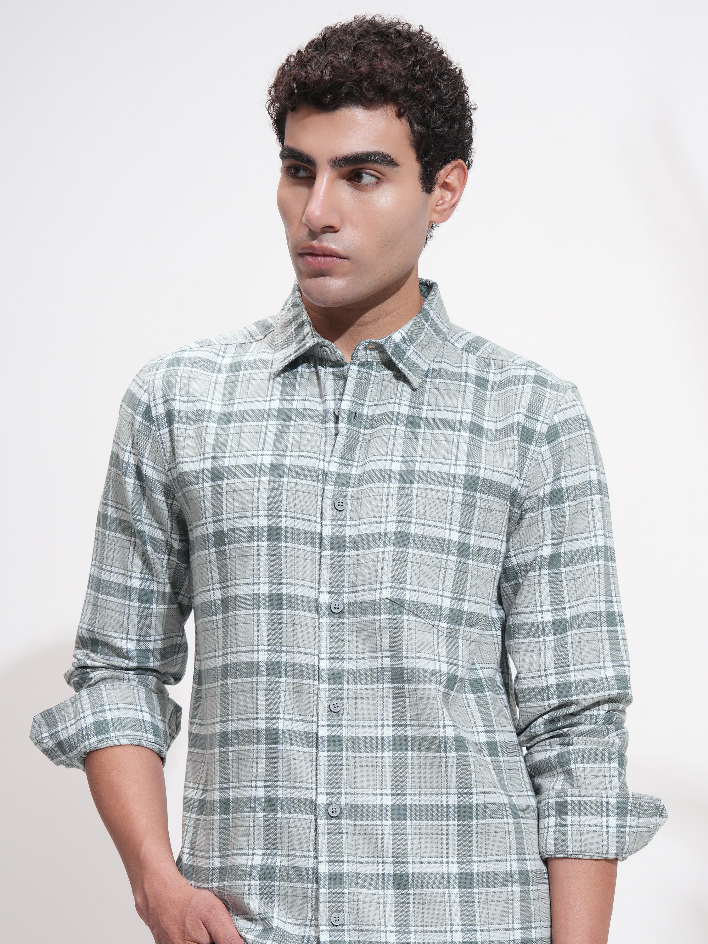 Highlander Men Grey Checked Slim Fit Casual Shirt - Grey - Image 1