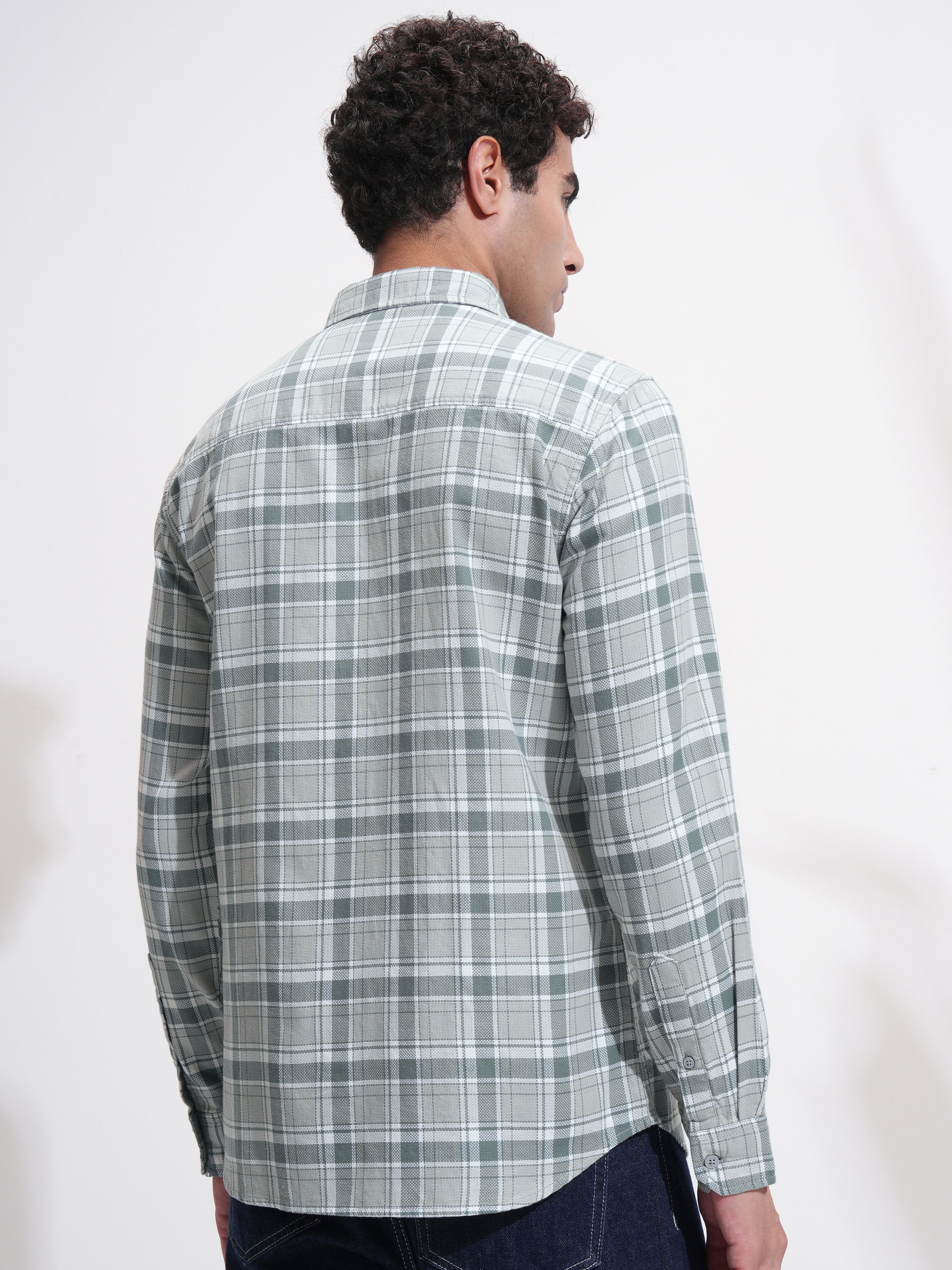 Highlander Men Grey Checked Slim Fit Casual Shirt - Grey - Image 3