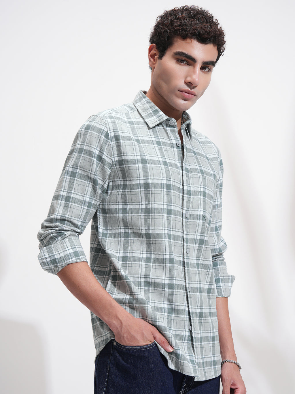 Highlander Men Grey Checked Slim Fit Casual Shirt - Grey - Image 6
