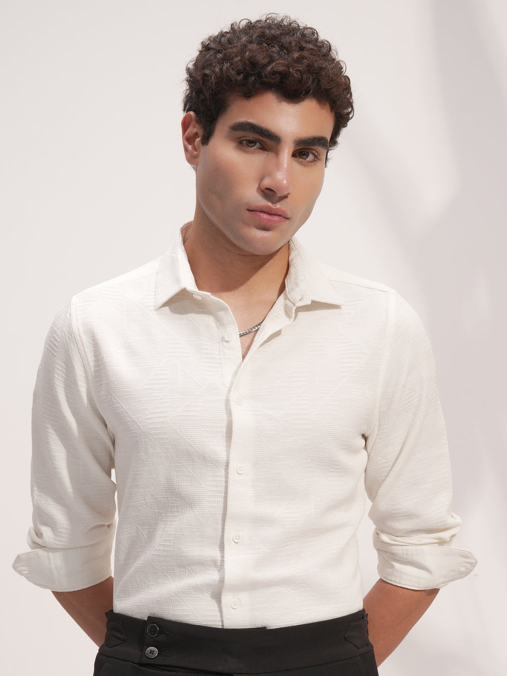 Highlander Men White Self Design Slim Fit Casual Shirt - White - Image 1