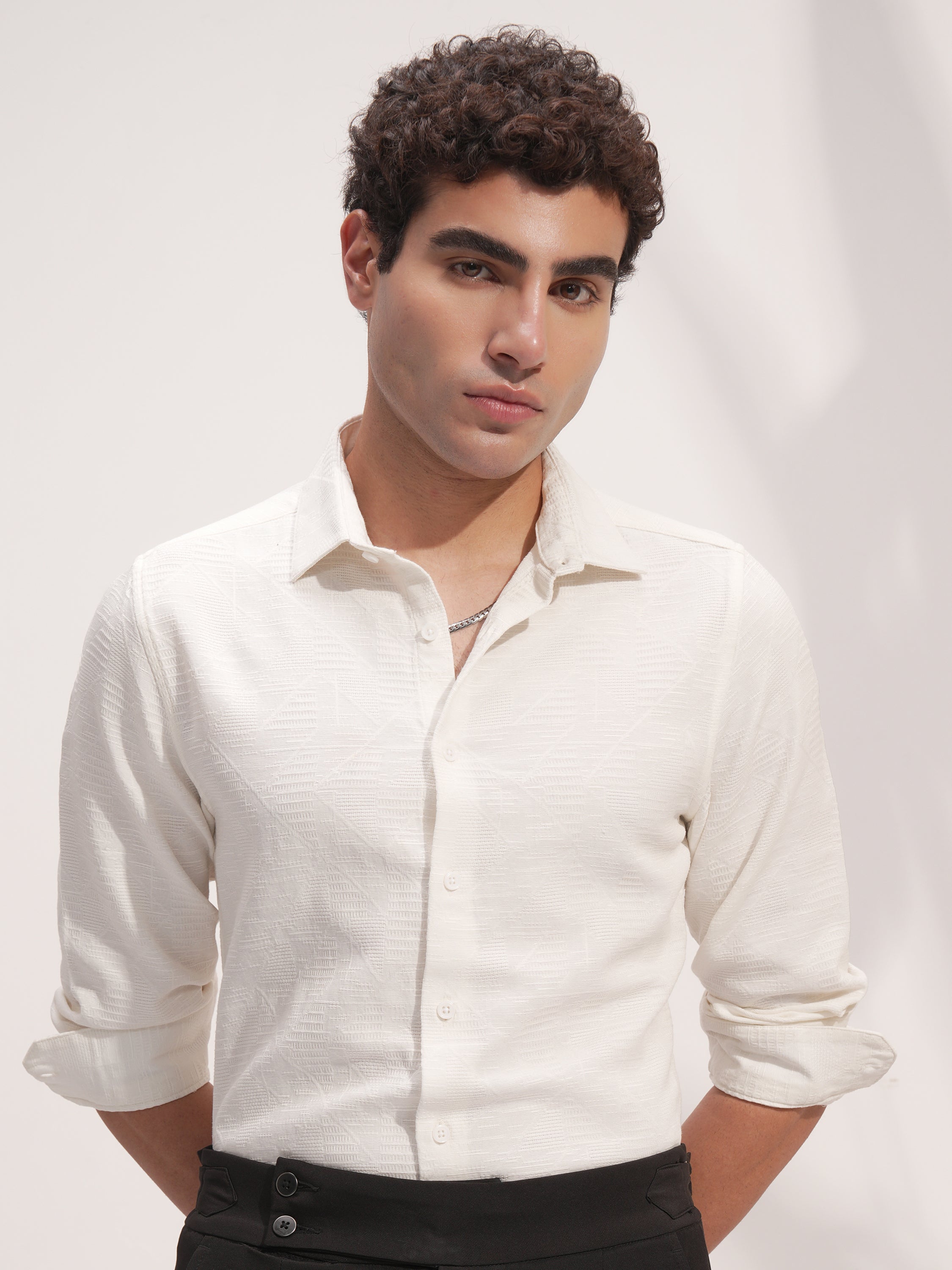 Highlander Men White Self Design Slim Fit Casual Shirt - White - Image 1