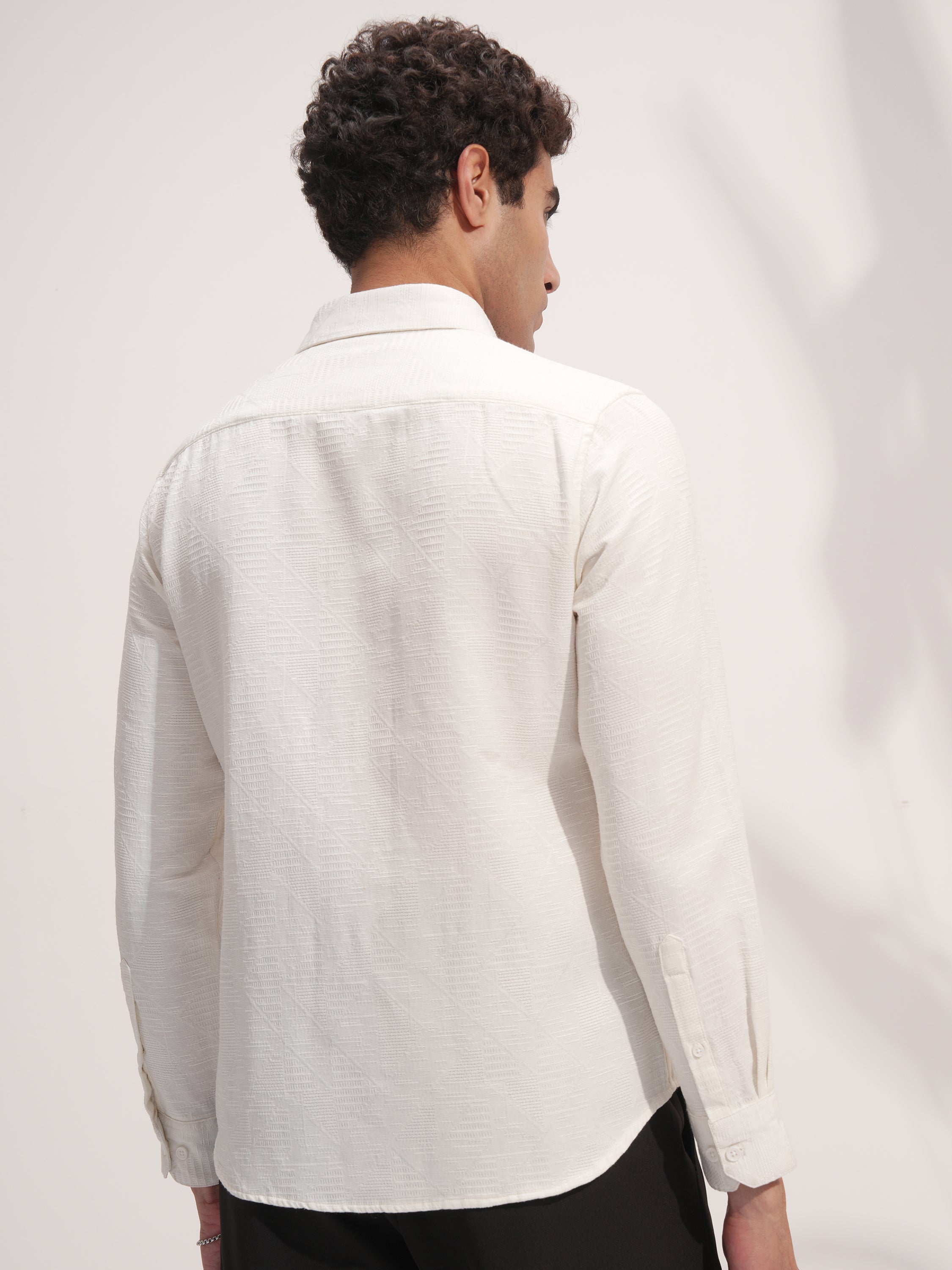 Highlander Men White Self Design Slim Fit Casual Shirt - White - Image 3