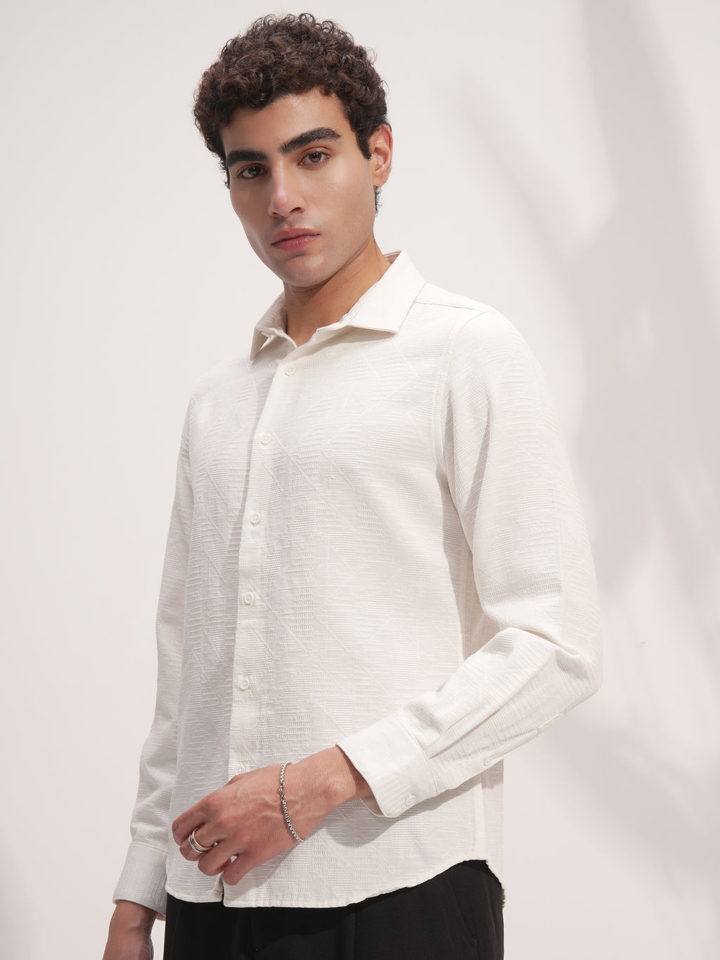 Highlander Men White Self Design Slim Fit Casual Shirt - White - Image 4