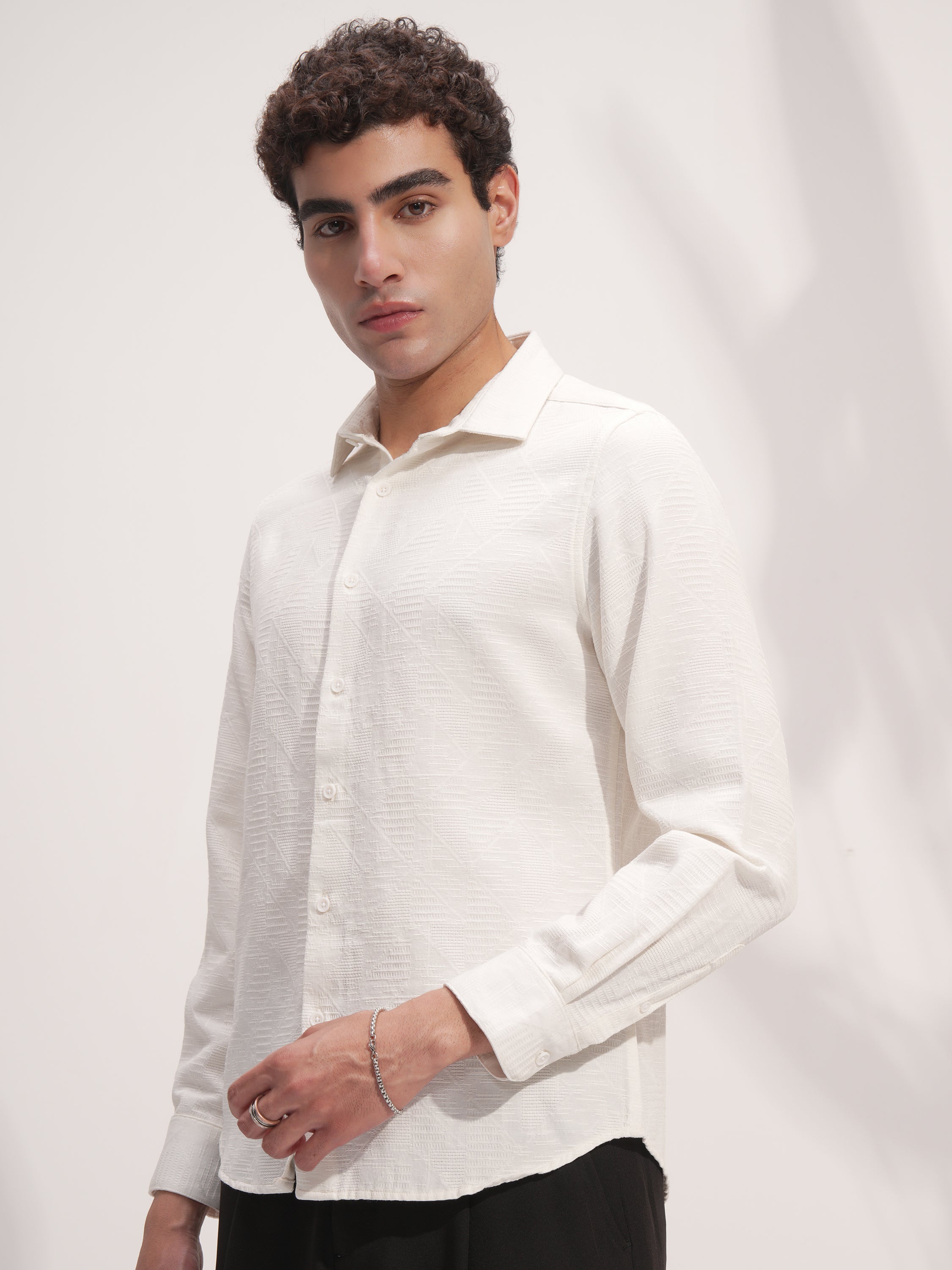 Highlander Men White Self Design Slim Fit Casual Shirt - White - Image 4