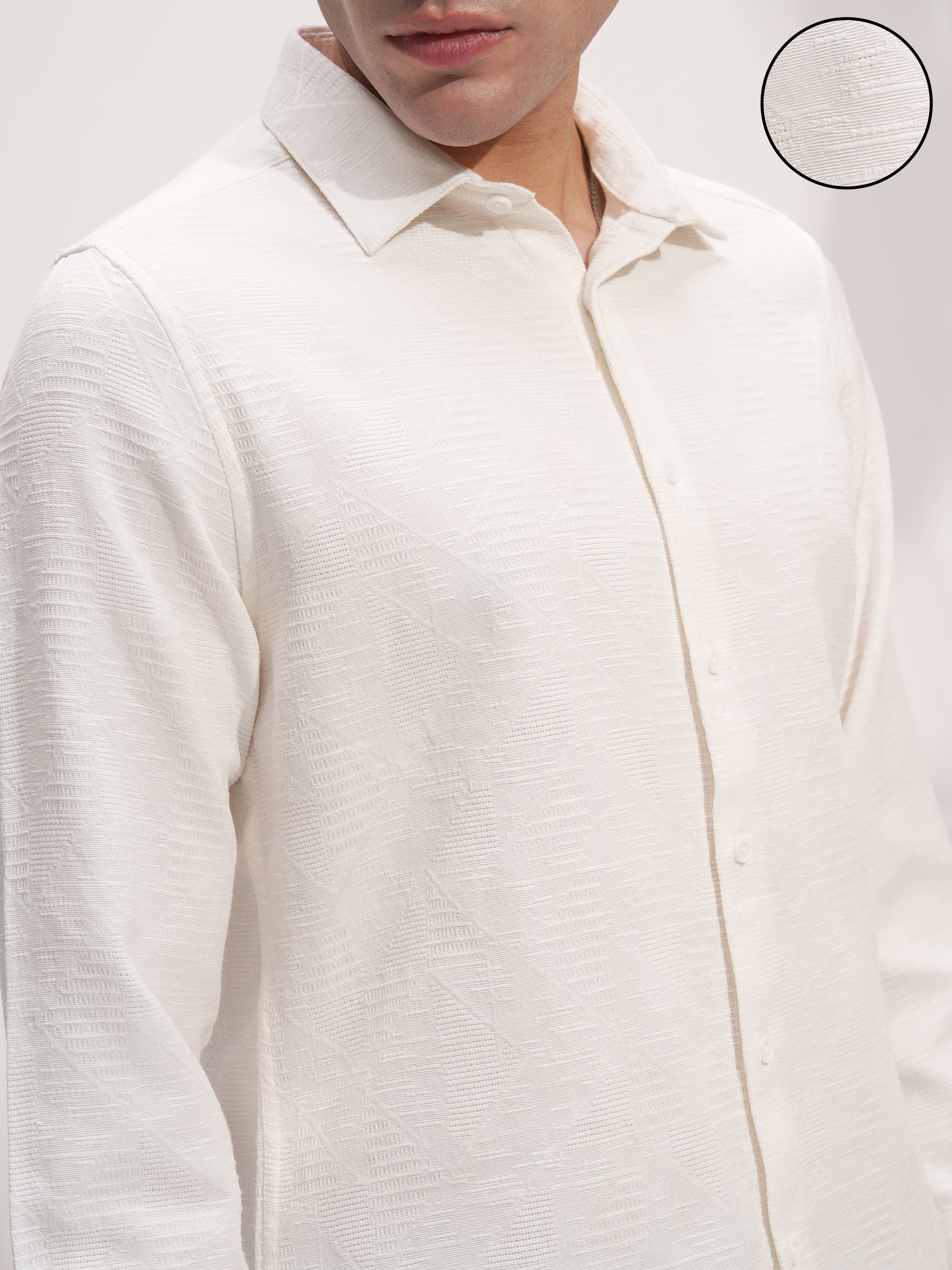 Highlander Men White Self Design Slim Fit Casual Shirt - White - Image 5
